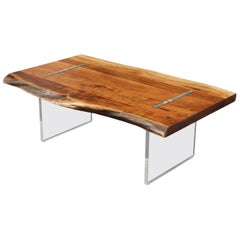 Large Heavy Solid Teak Slab Floating Top Coffee Table on Lucite Legs