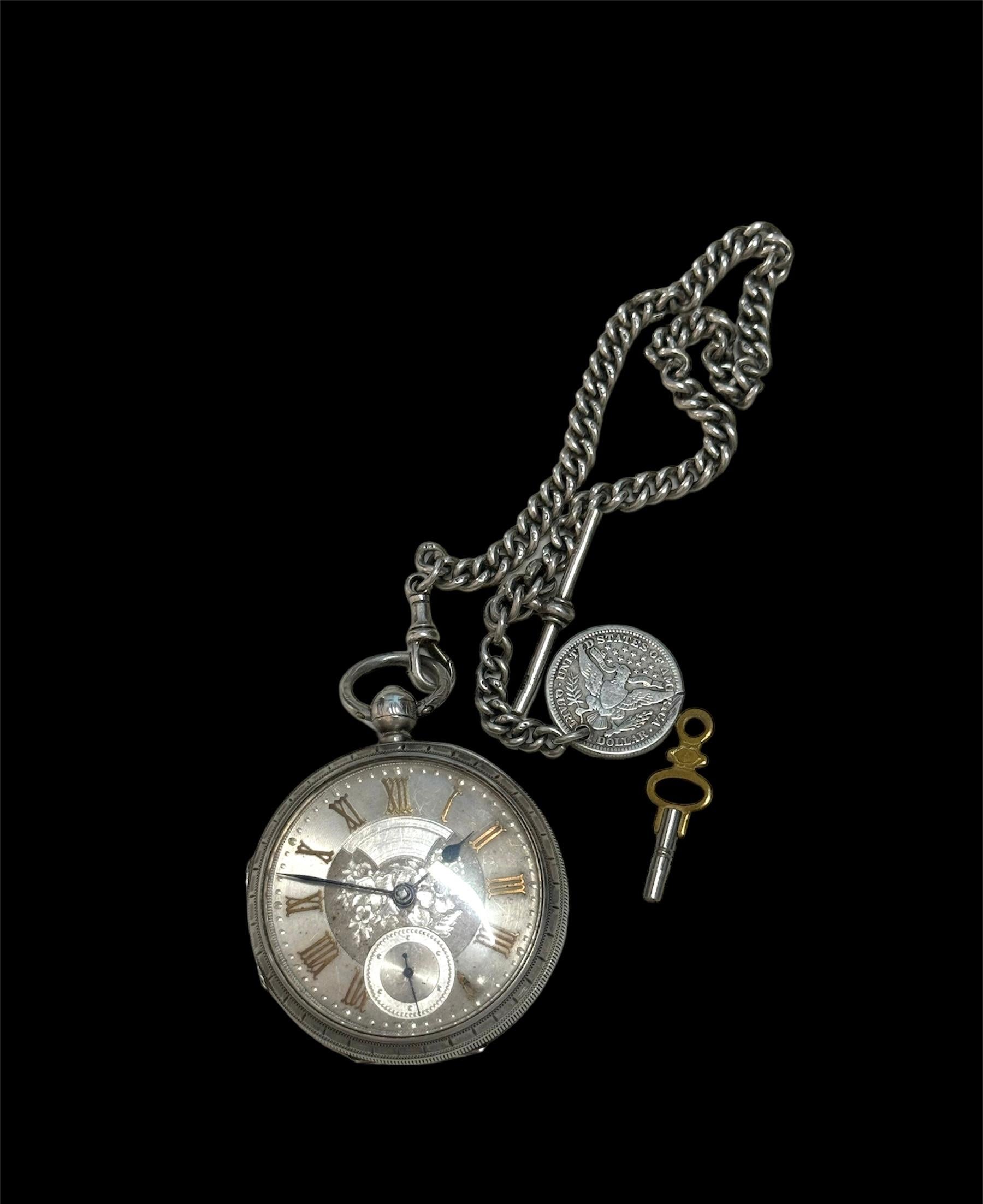 Large  Heavy Sterling Silver Ornate Open Faced Pocket Watch For Sale 5