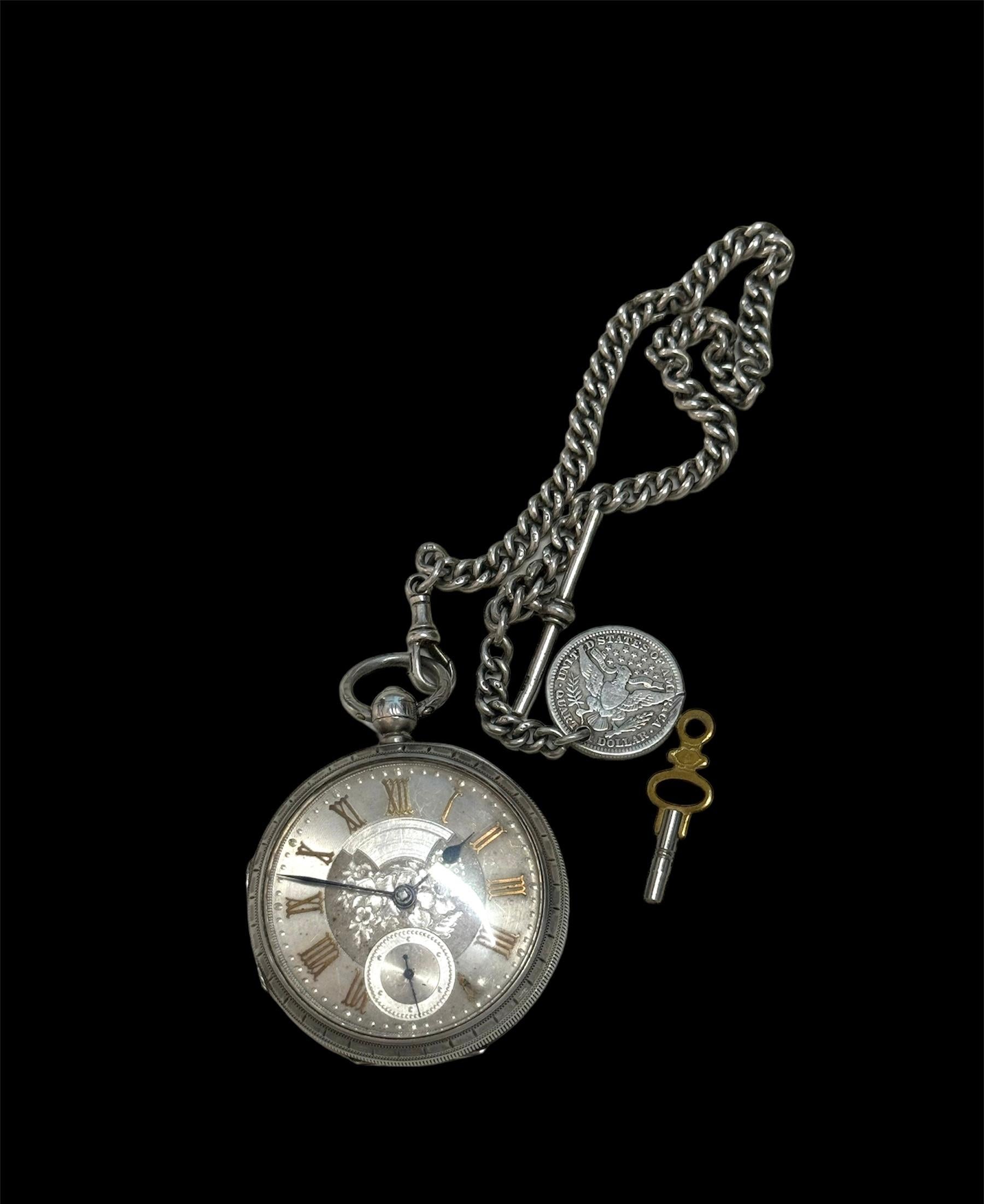 Large  Heavy Sterling Silver Ornate Open Faced Pocket Watch For Sale 6