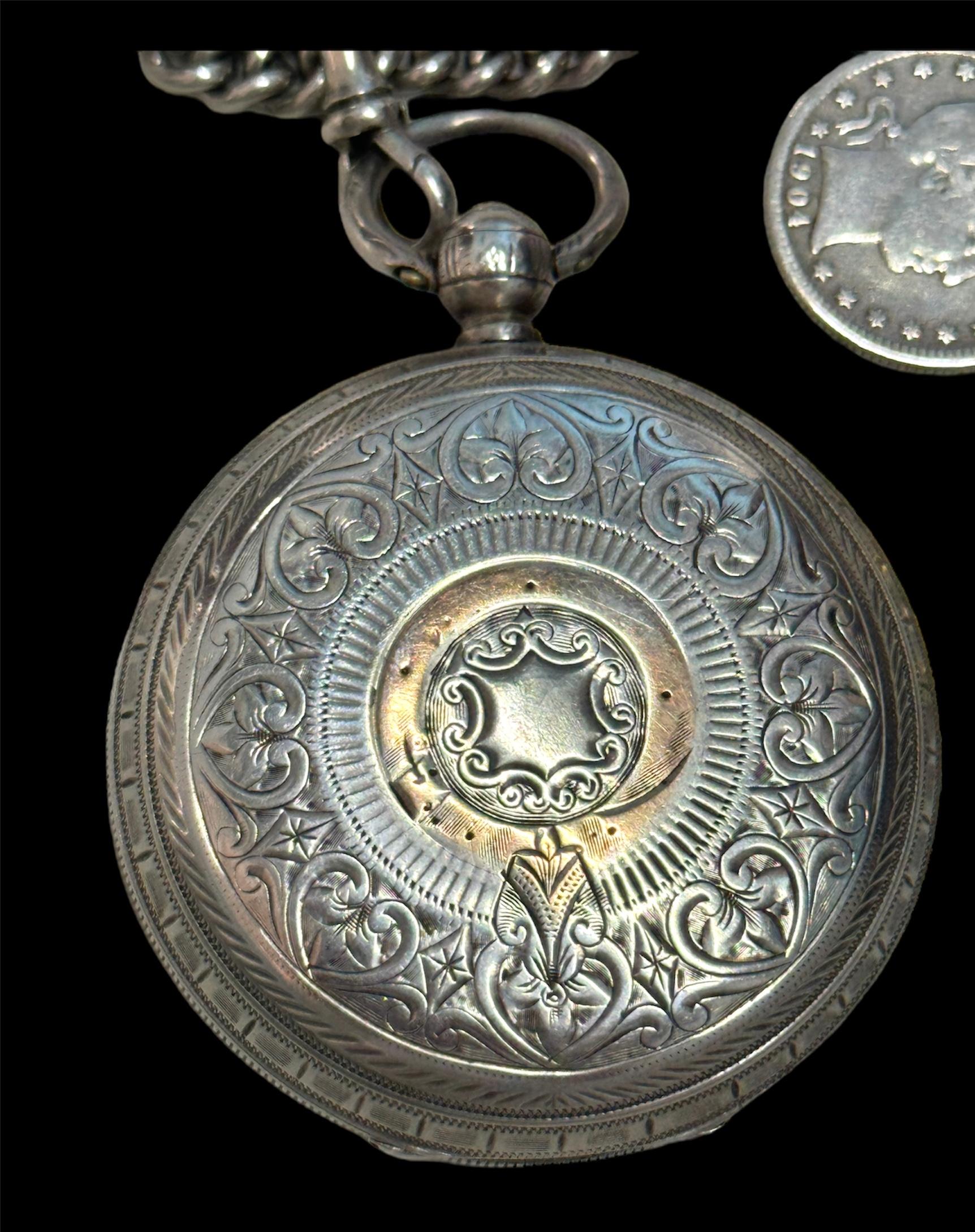 Victorian Large  Heavy Sterling Silver Ornate Open Faced Pocket Watch For Sale