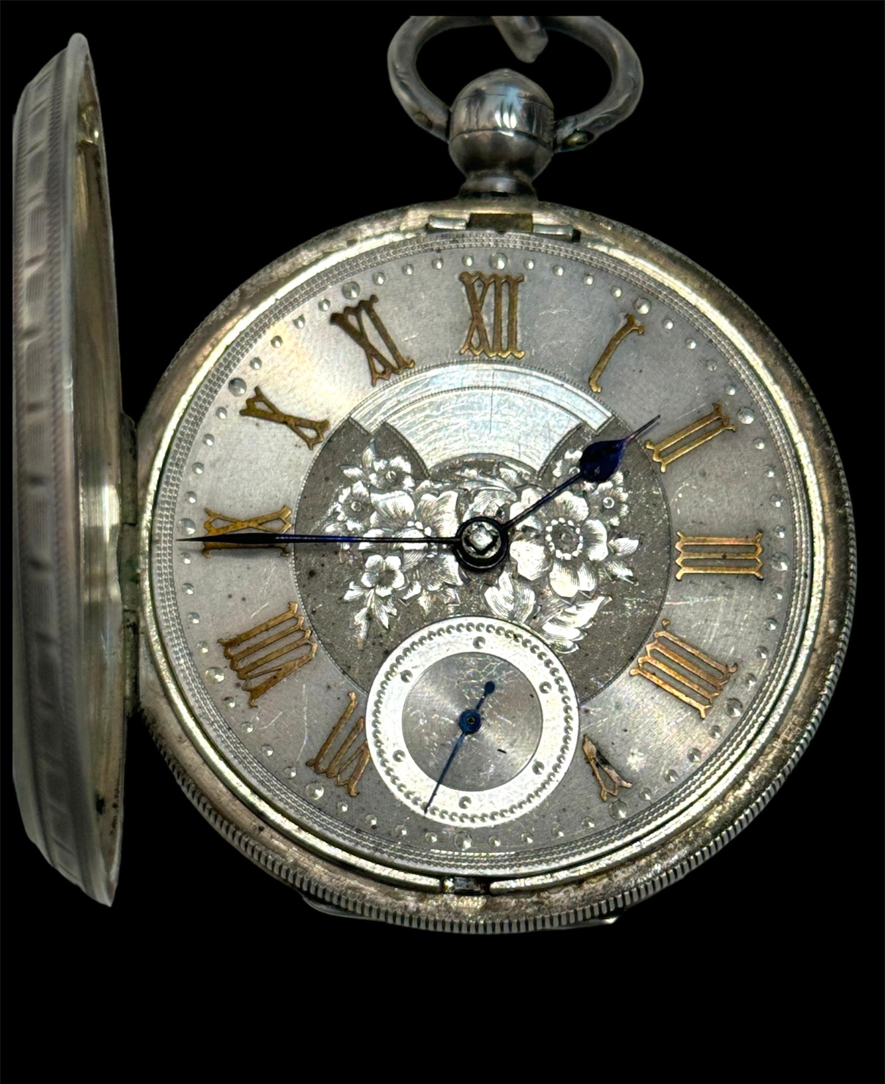 Large  Heavy Sterling Silver Ornate Open Faced Pocket Watch In Good Condition For Sale In Mumbai, IN
