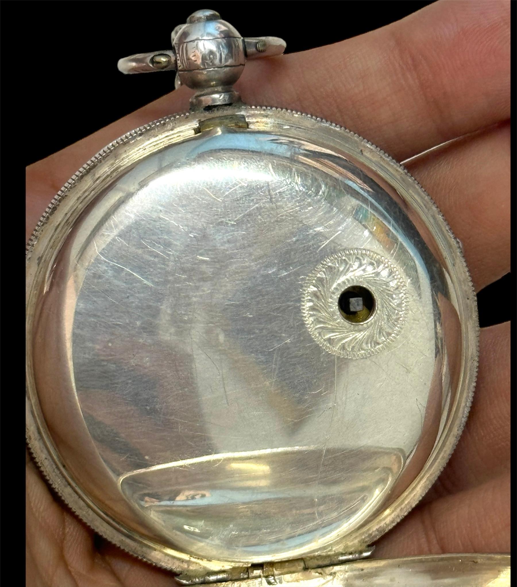Large  Heavy Sterling Silver Ornate Open Faced Pocket Watch For Sale 4