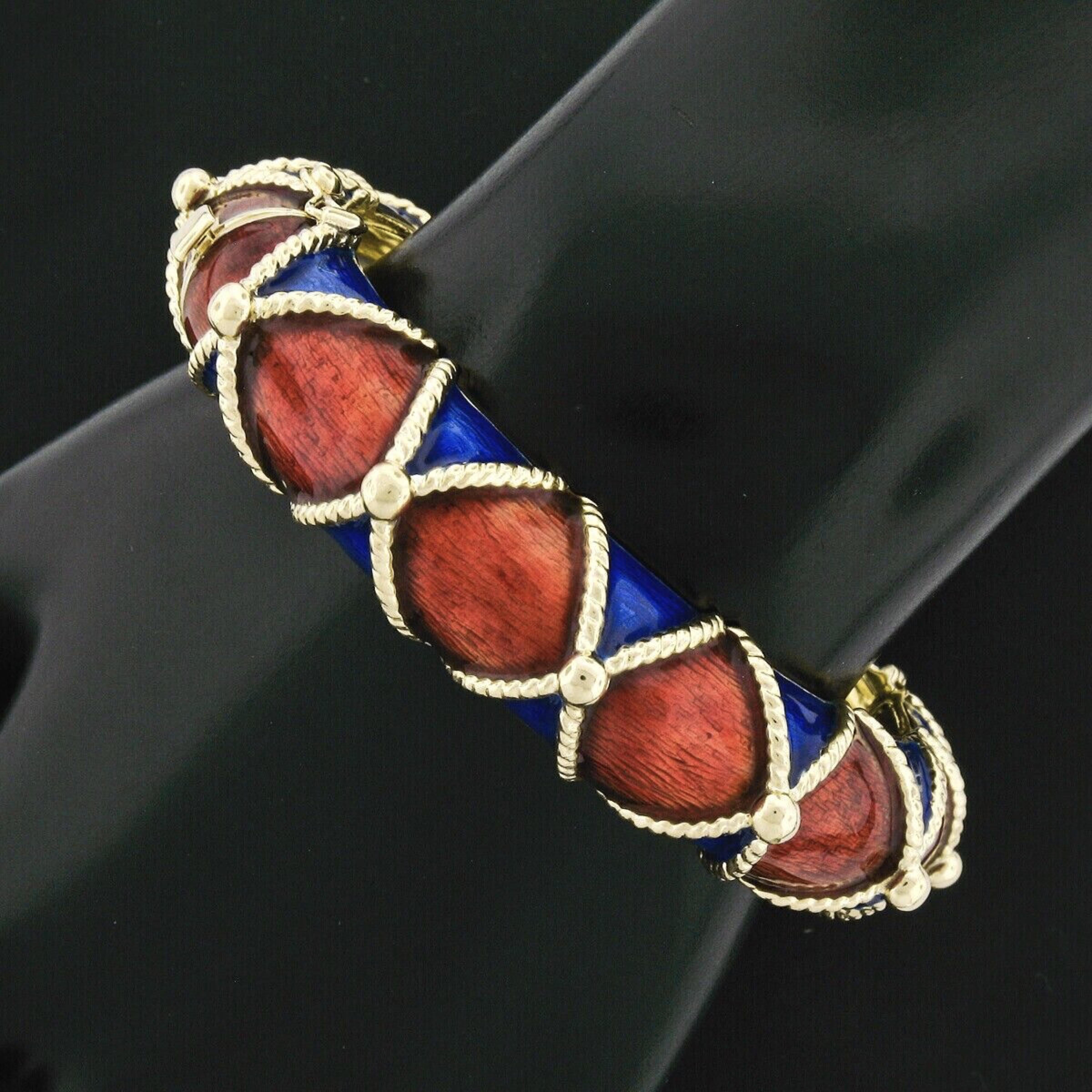 Large Heavy Vintage 14K Gold Blue Red Enamel Twisted Wire Hinged Bangle Bracelet For Sale 1