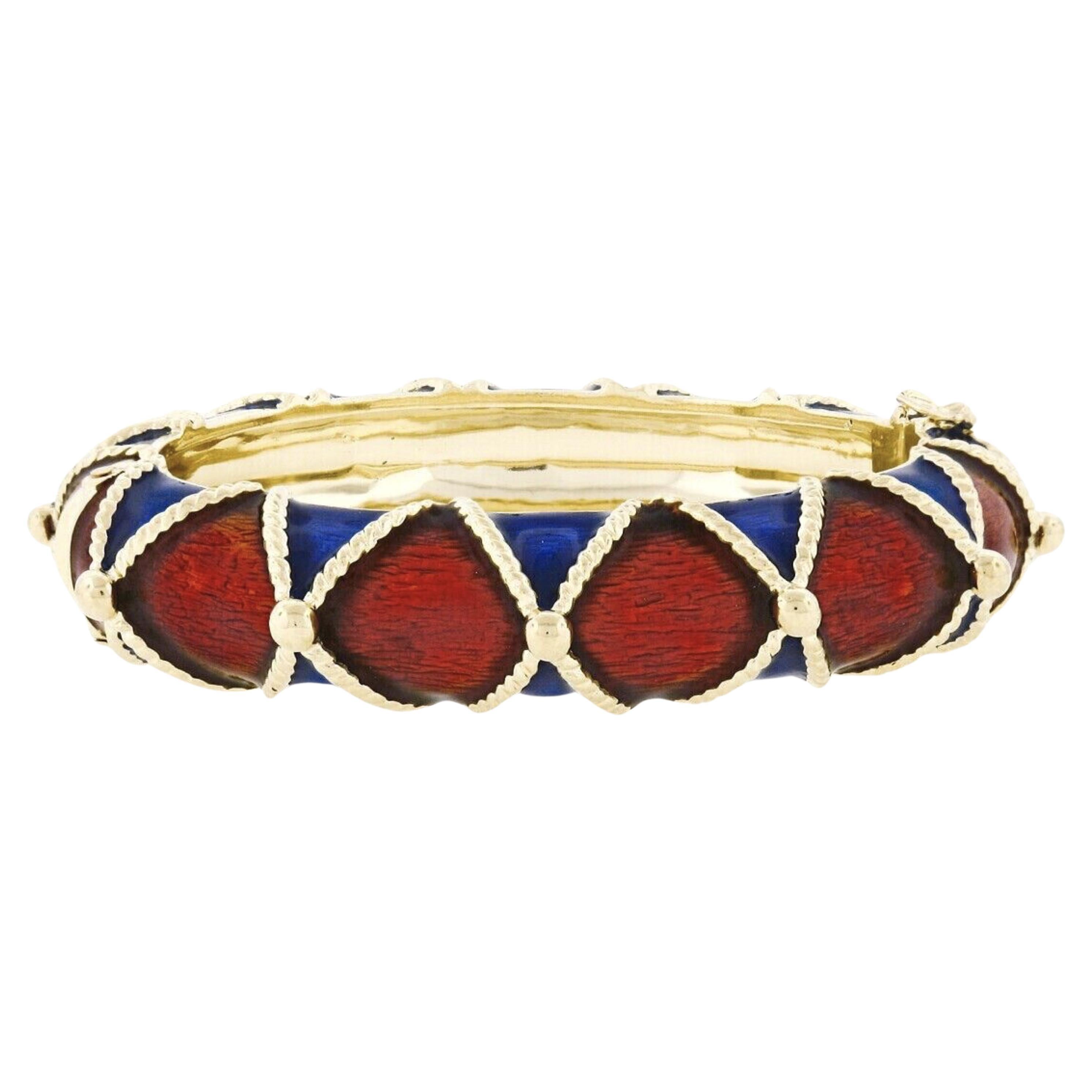 Large Heavy Vintage 14K Gold Blue Red Enamel Twisted Wire Hinged Bangle Bracelet For Sale