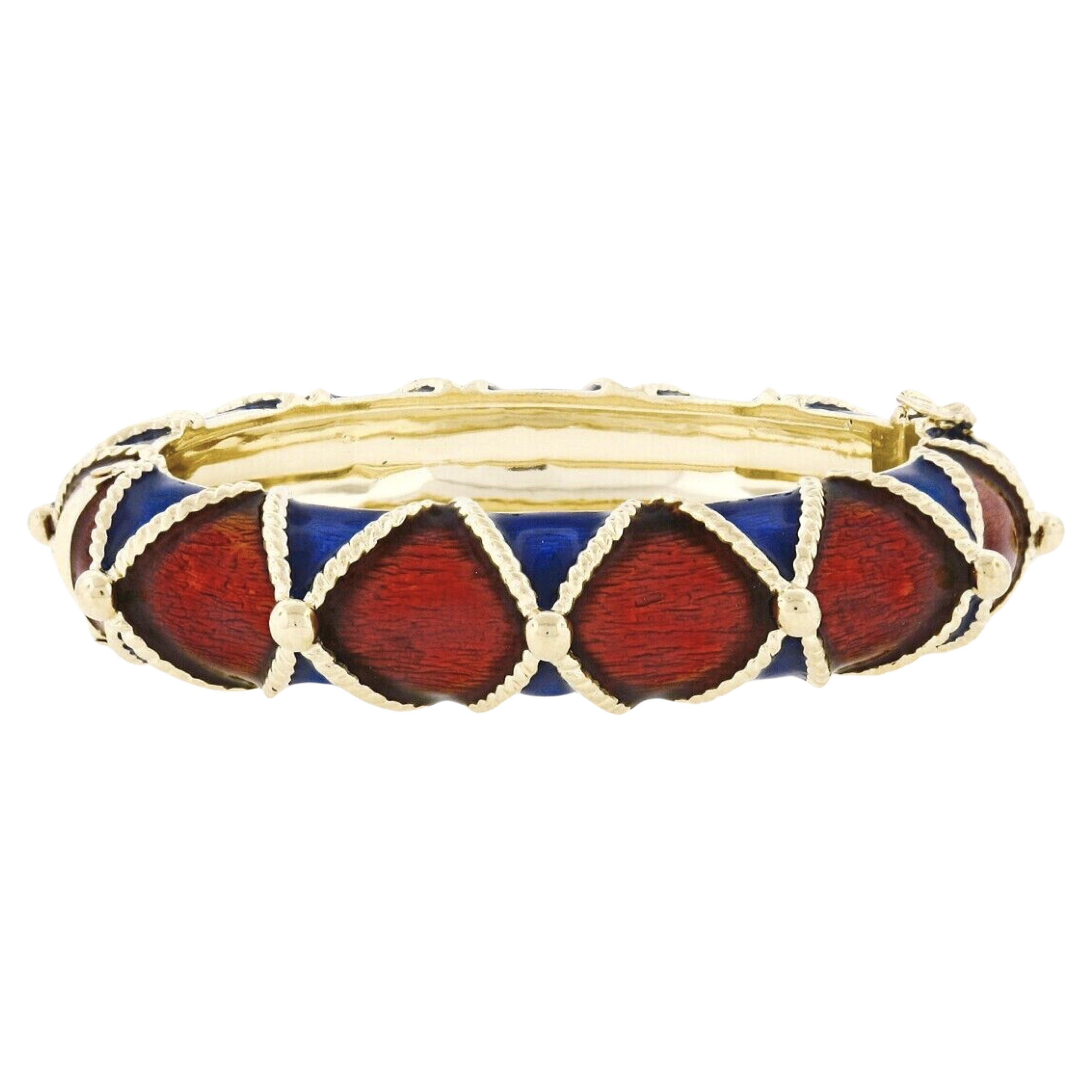 Large Heavy Vintage 14K Gold Blue Red Enamel Twisted Wire Hinged Bangle Bracelet