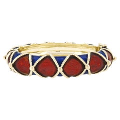 Large Heavy Vintage 14K Gold Blue Red Enamel Twisted Wire Hinged Bangle Bracelet