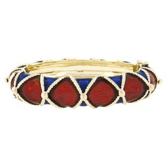 Grand bracelet jonc à charnière vintage en or 14 carats avec émail bleu et rouge et fil torsadé