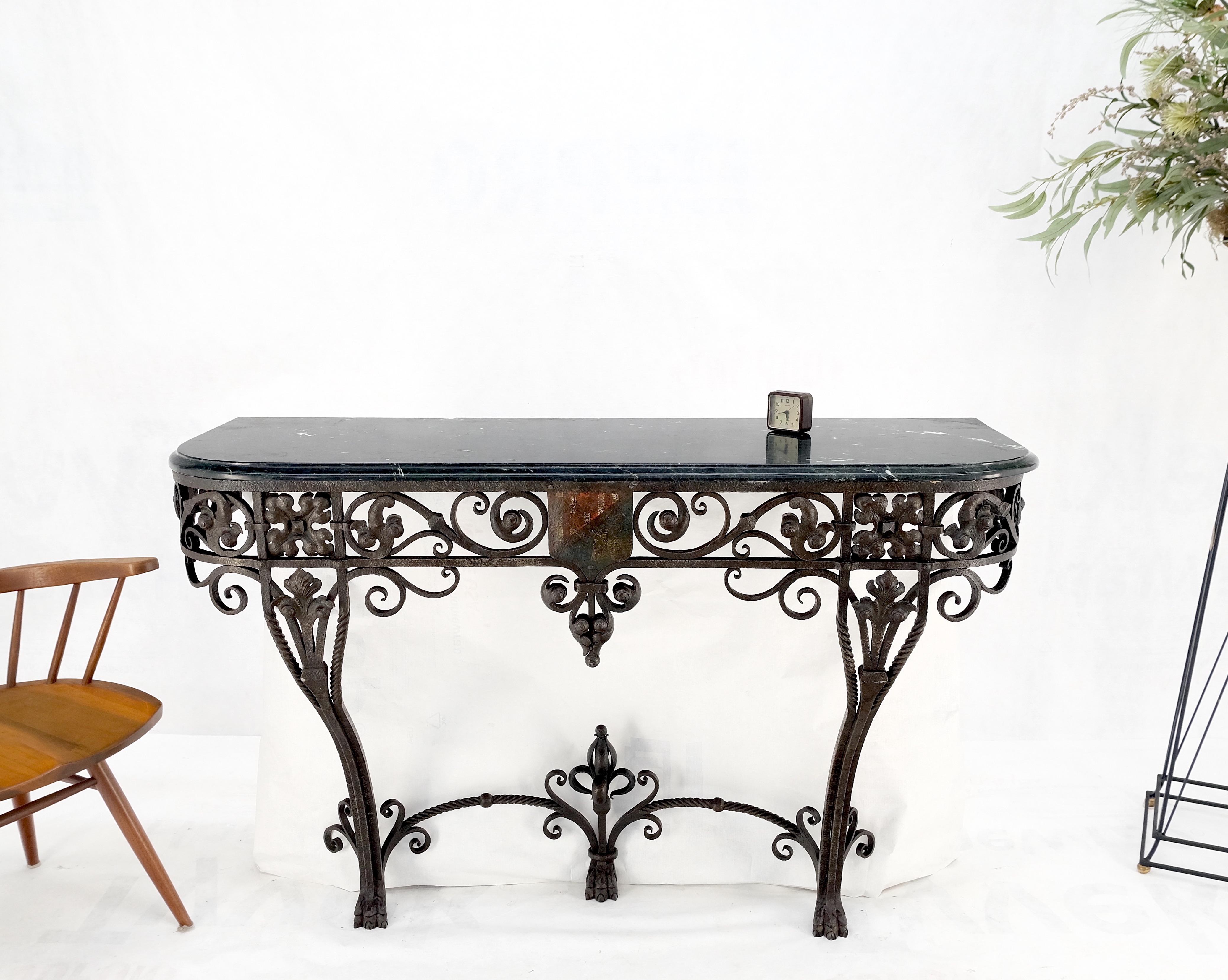 Hollywood Regency Large Heavy Wall Wrought Iron Base Marble Top Console Hall Entry Table MINT! For Sale