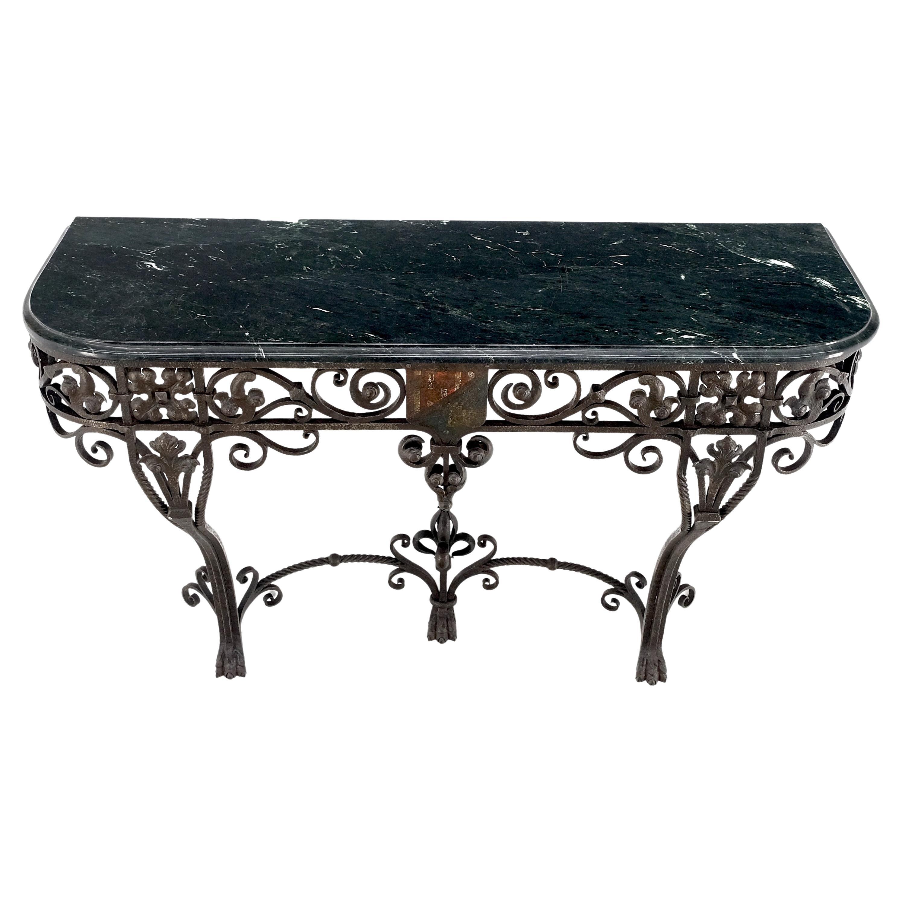 Large Heavy Wall Wrought Iron Base Marble Top Console Hall Entry Table MINT! For Sale