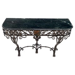 Large Heavy Wall Wrought Iron Base Marble Top Console Hall Entry Table MINT!