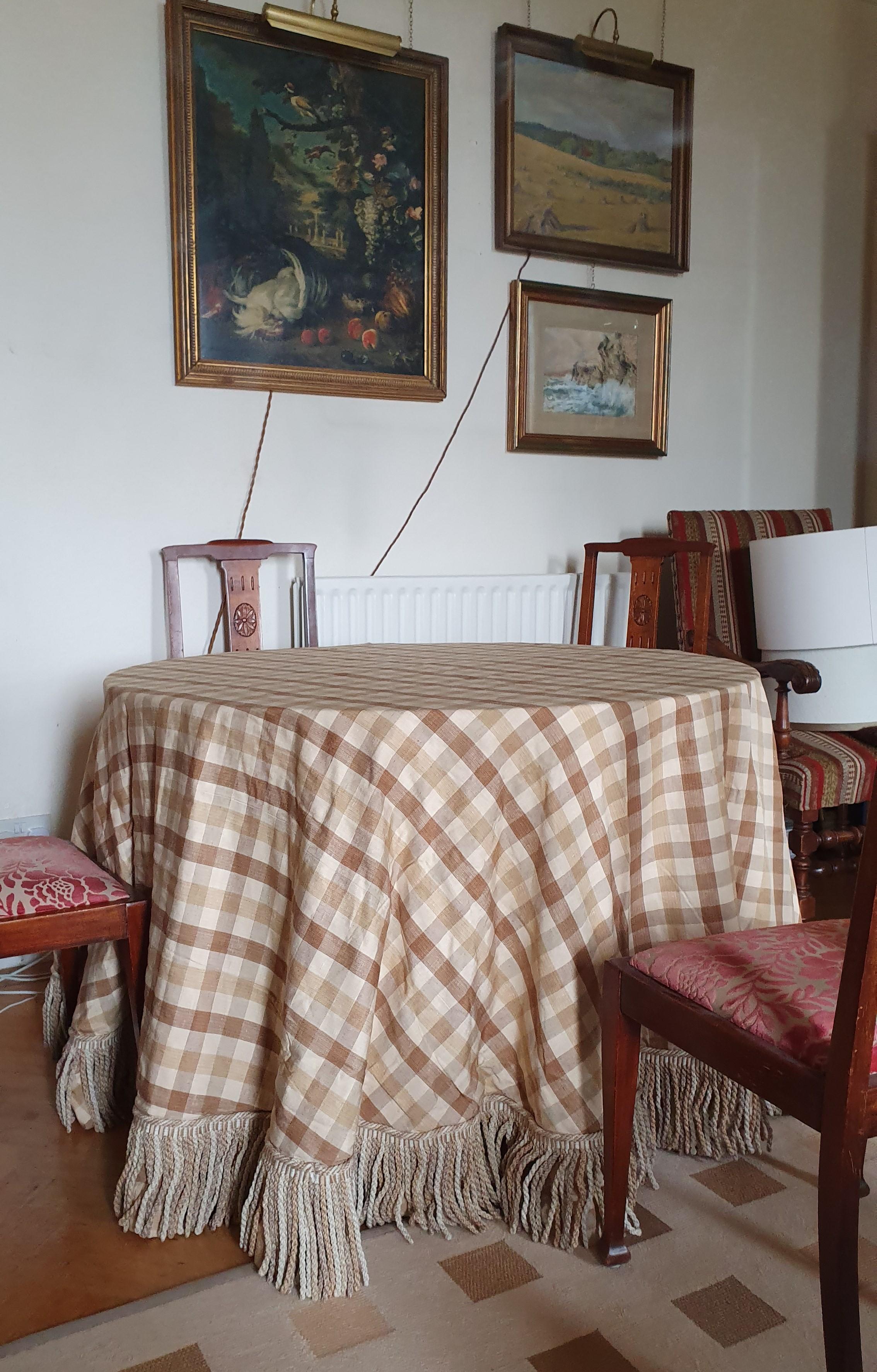 This very large round heavy weight table cloth/ cover is 
totally handmade with Colefax & Fowler fabric and matching bullion fringe with  hand stitched interlining and fully lined with 100% cream cotton

This stunning table cover has been