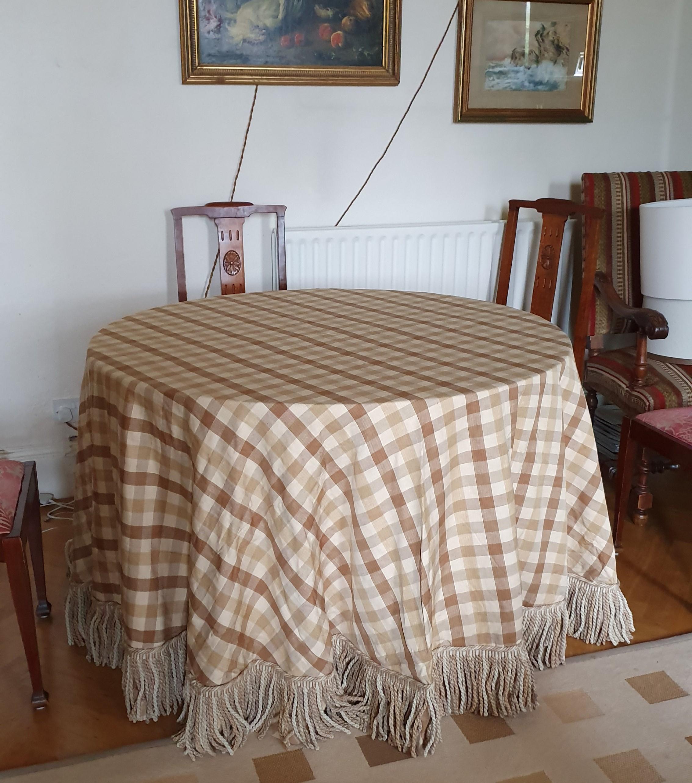 British Large heavyweight Table Cloth in Colefax & Fowler fabric and deep bullion fringe