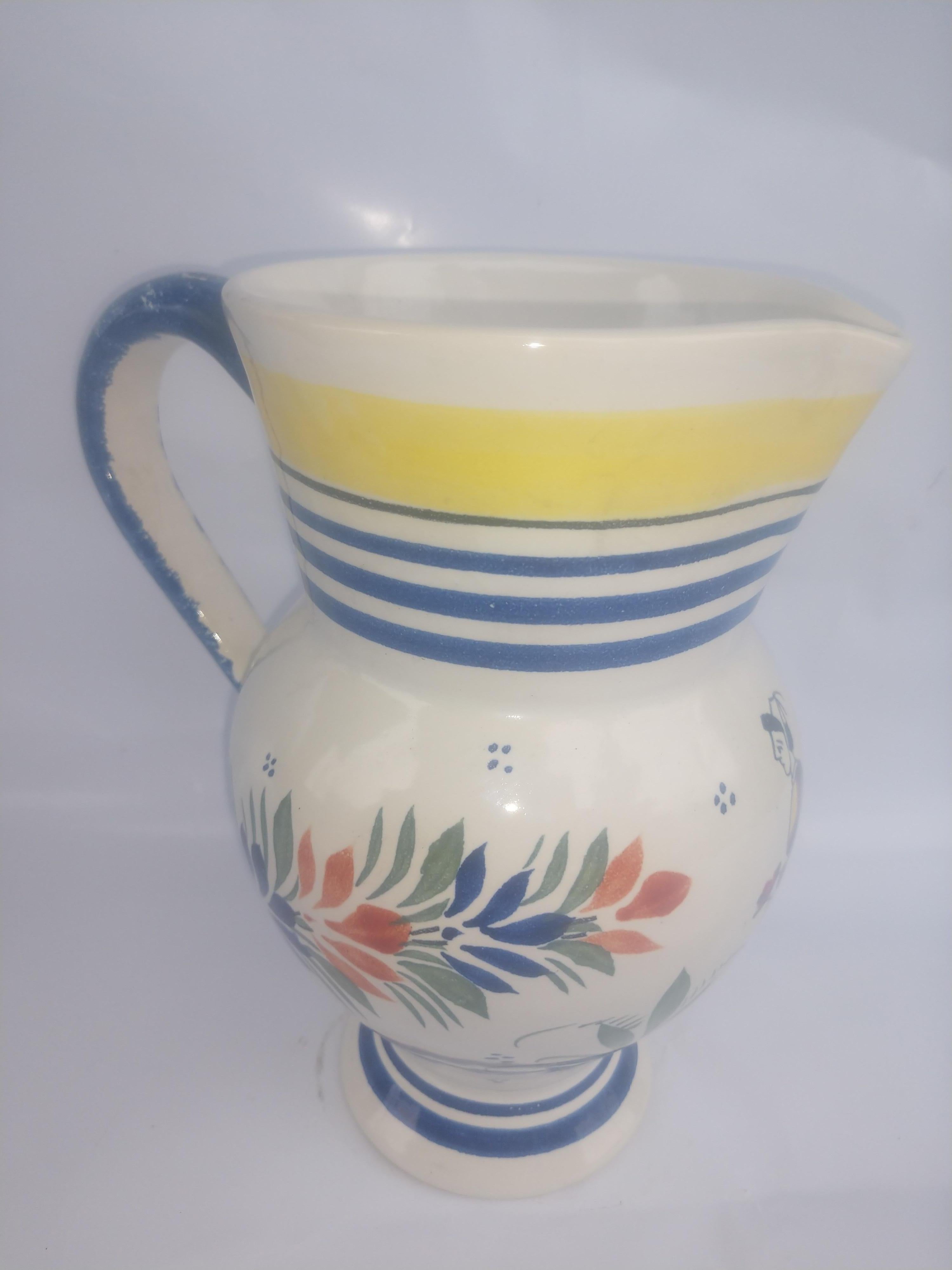 French Provincial Large Henriot Quimper Faience Pitcher with Breton Woman For Sale