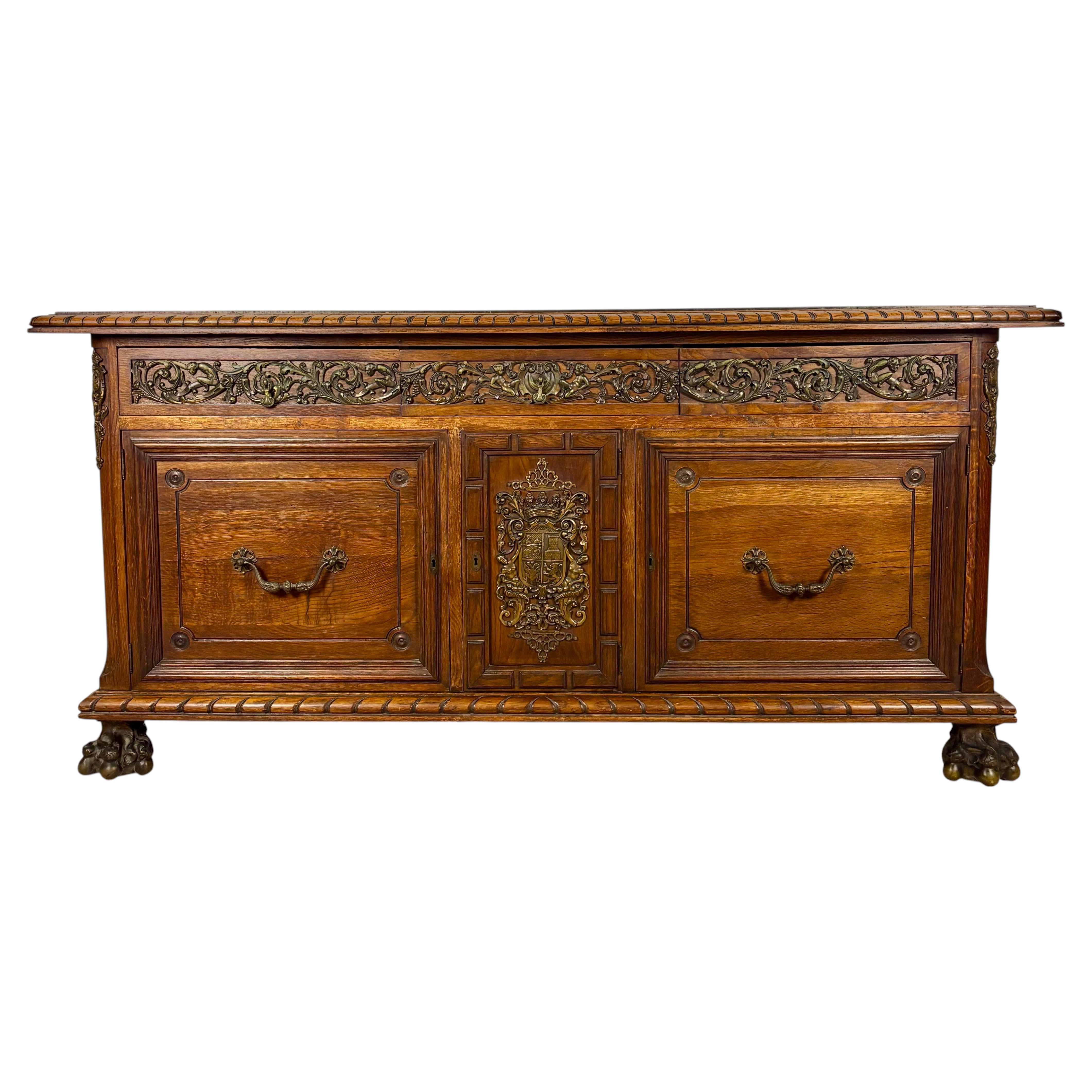 Grande credenza in Oak stile Enrico II con montature in bronzo, inizio XX secolo in vendita