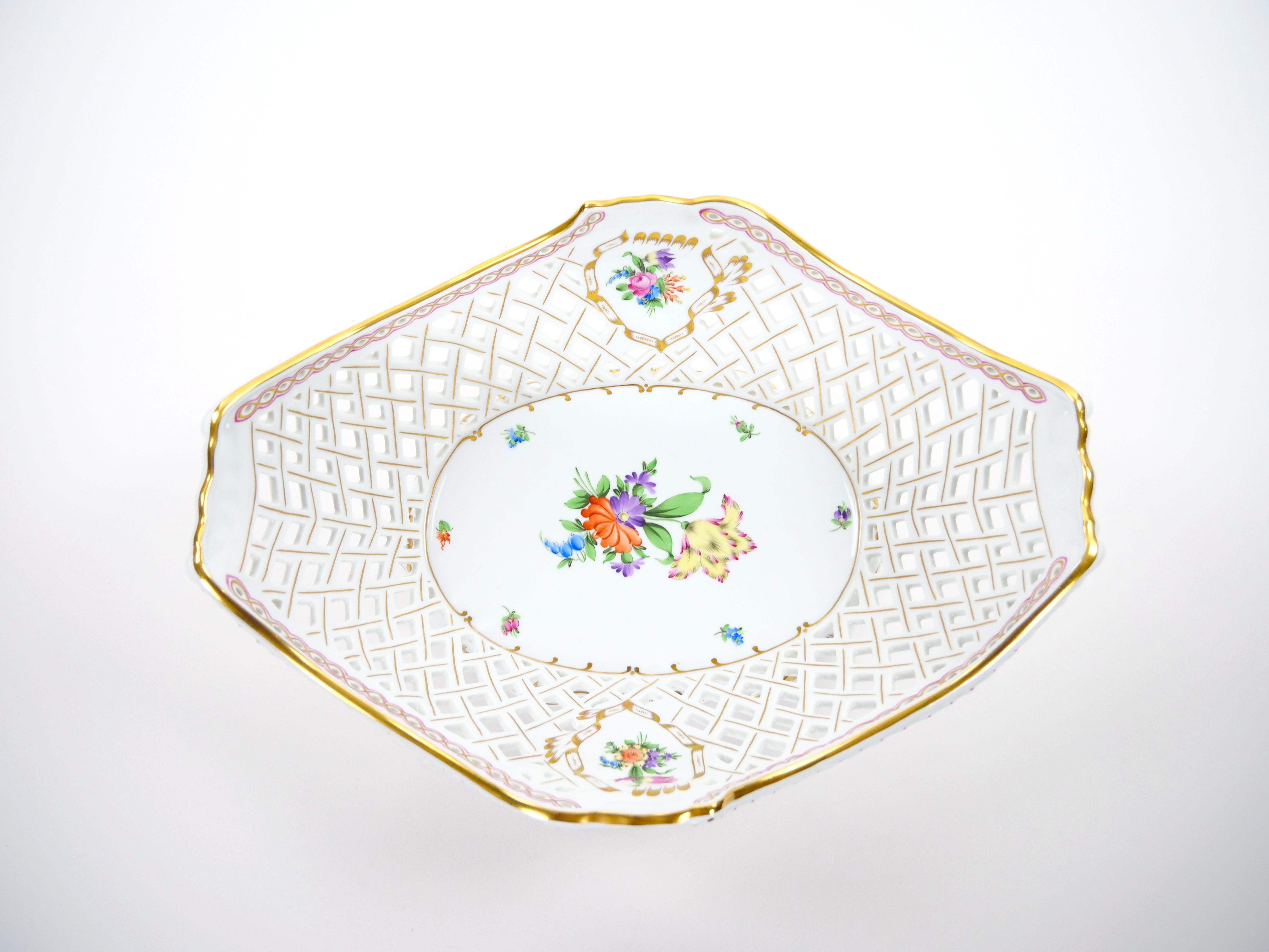 Gold Large Herend Hungarian Porcelain Reticulated Centerpiece Floral Motif Accents For Sale