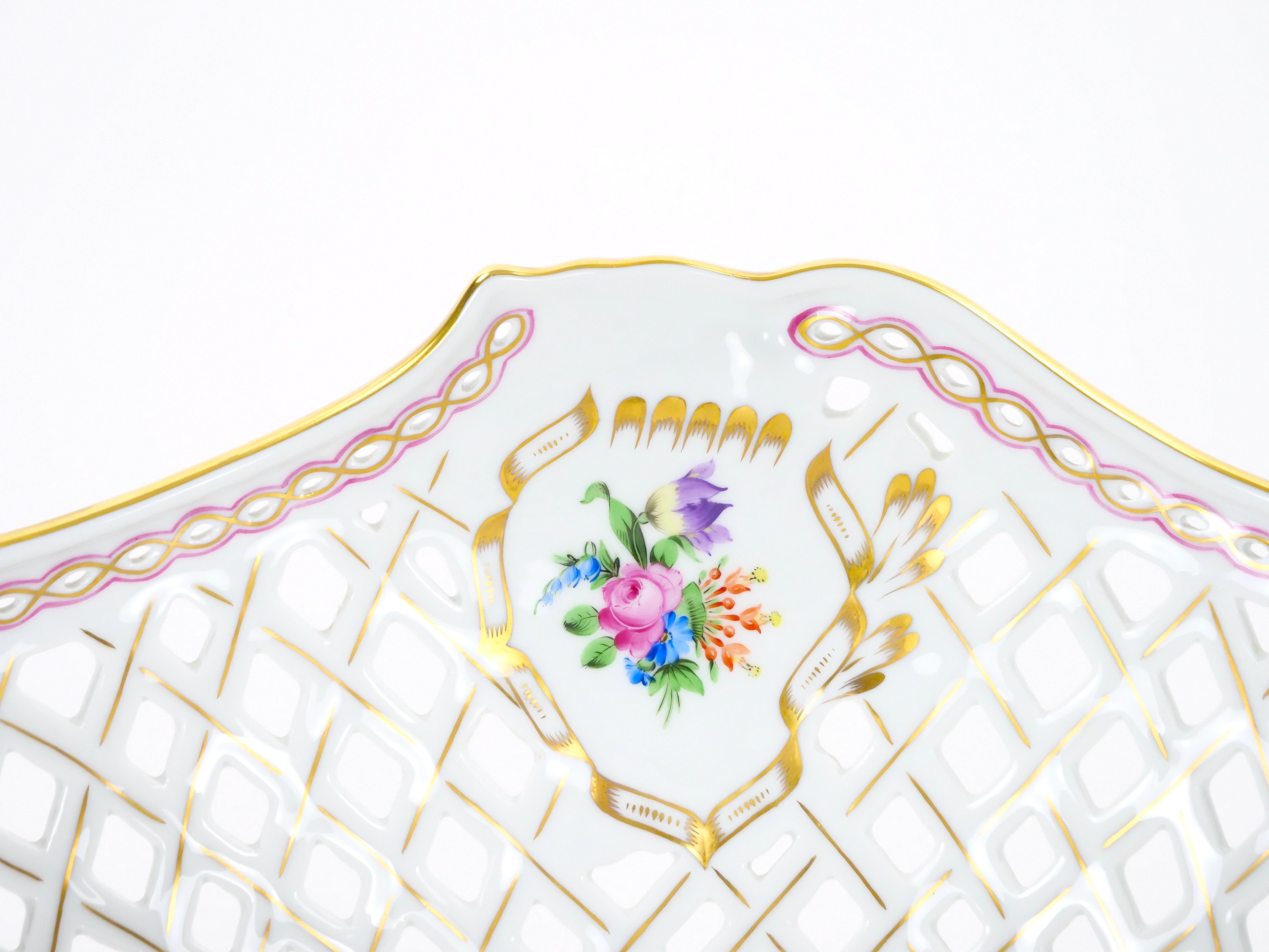 Large Herend Hungarian Porcelain Reticulated Centerpiece Floral Motif Accents For Sale 3