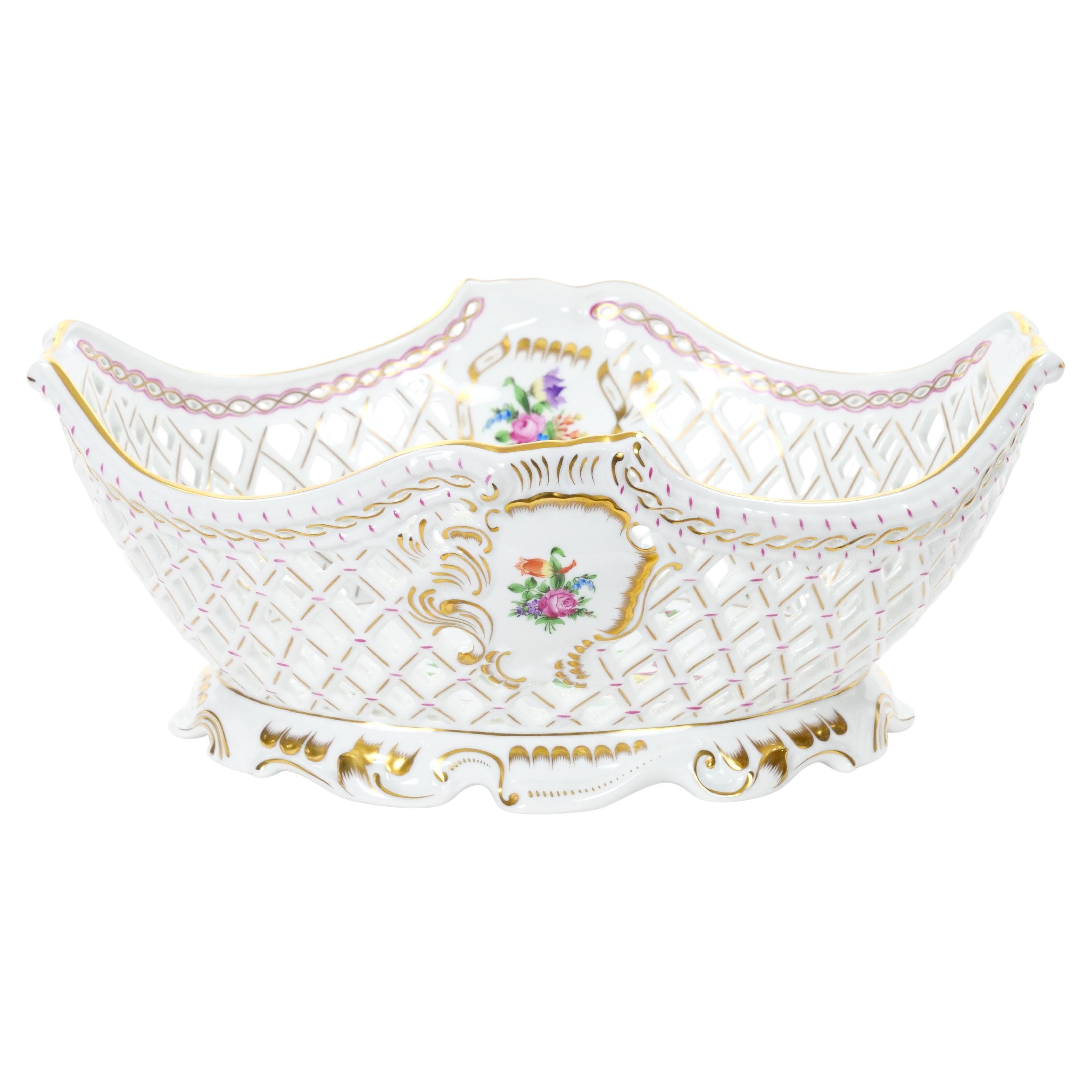 Large Herend Hungarian Porcelain Reticulated Centerpiece Floral Motif Accents For Sale