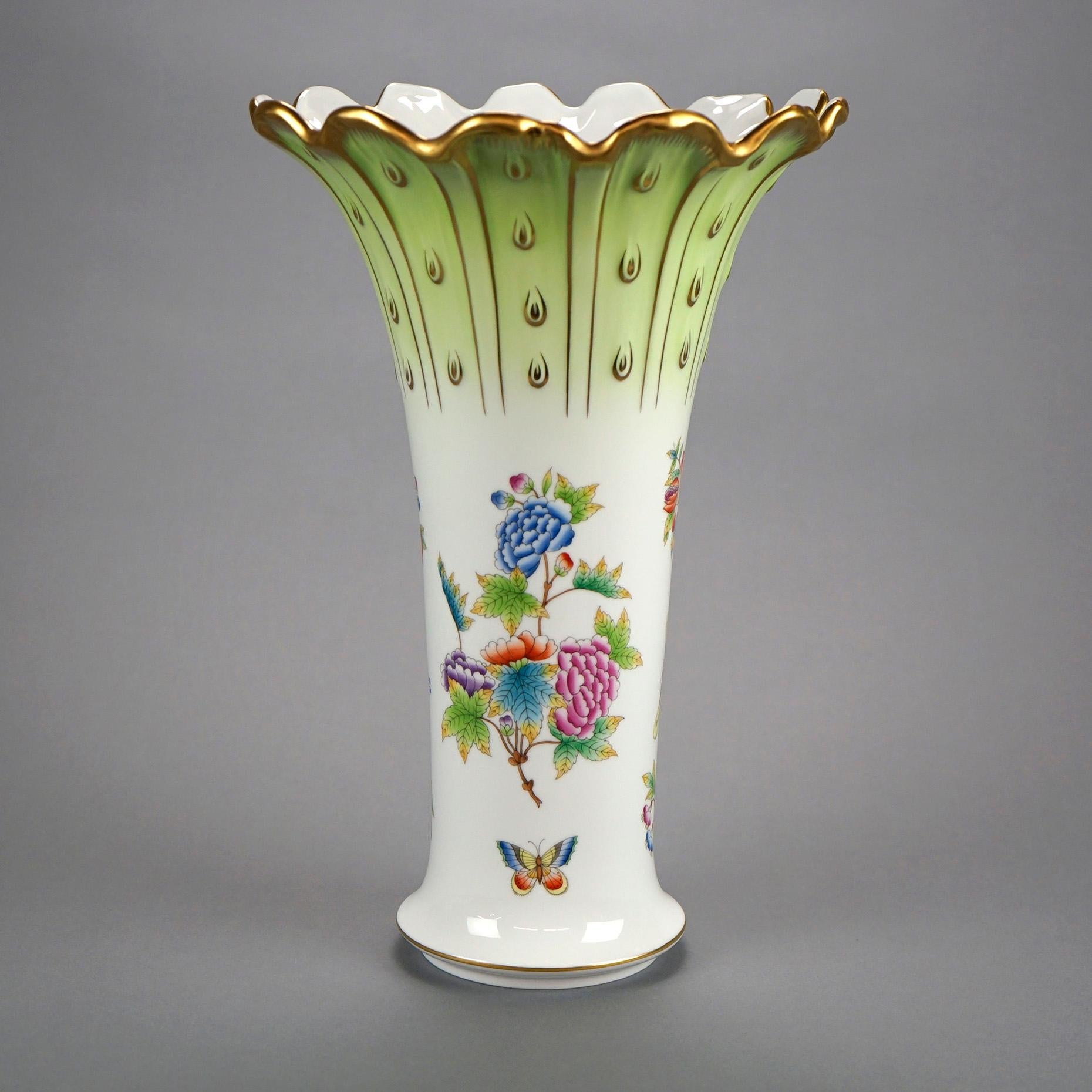 Painted Large Herend Porcelain Decorated Vase, Flower Garden with Butterflies, 20th C