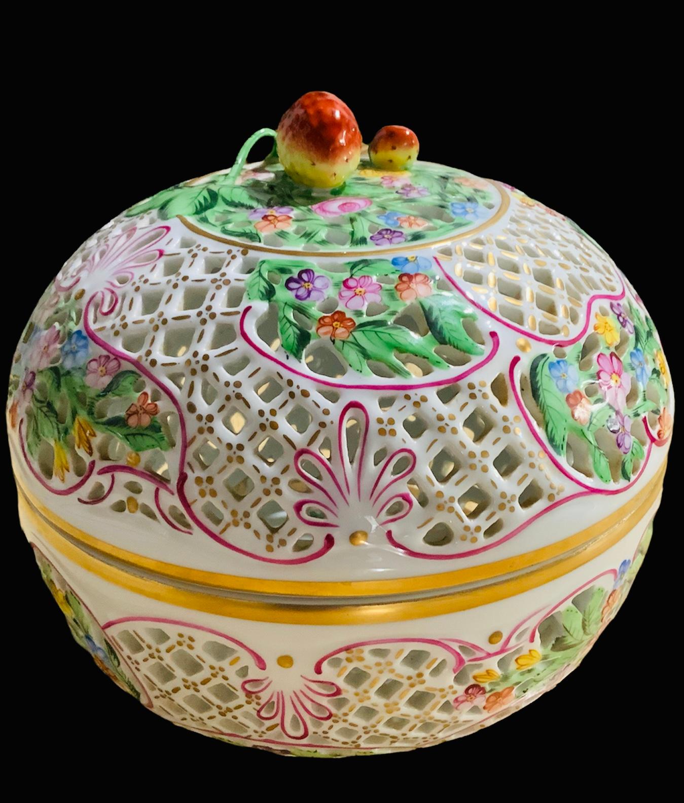 Hungarian Large Herend Porcelain Reticulated Potpourri/ Bombonniere Lidded Box