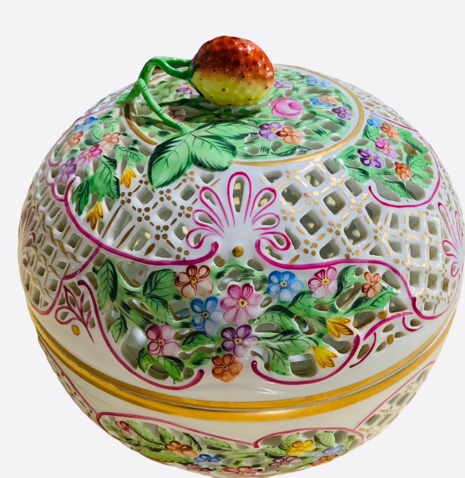 Hand-Painted Large Herend Porcelain Reticulated Potpourri/ Bombonniere Lidded Box