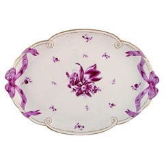 Large Herend Serving Tray in Hand Painted Porcelain, Purple Flowers and Ribbons