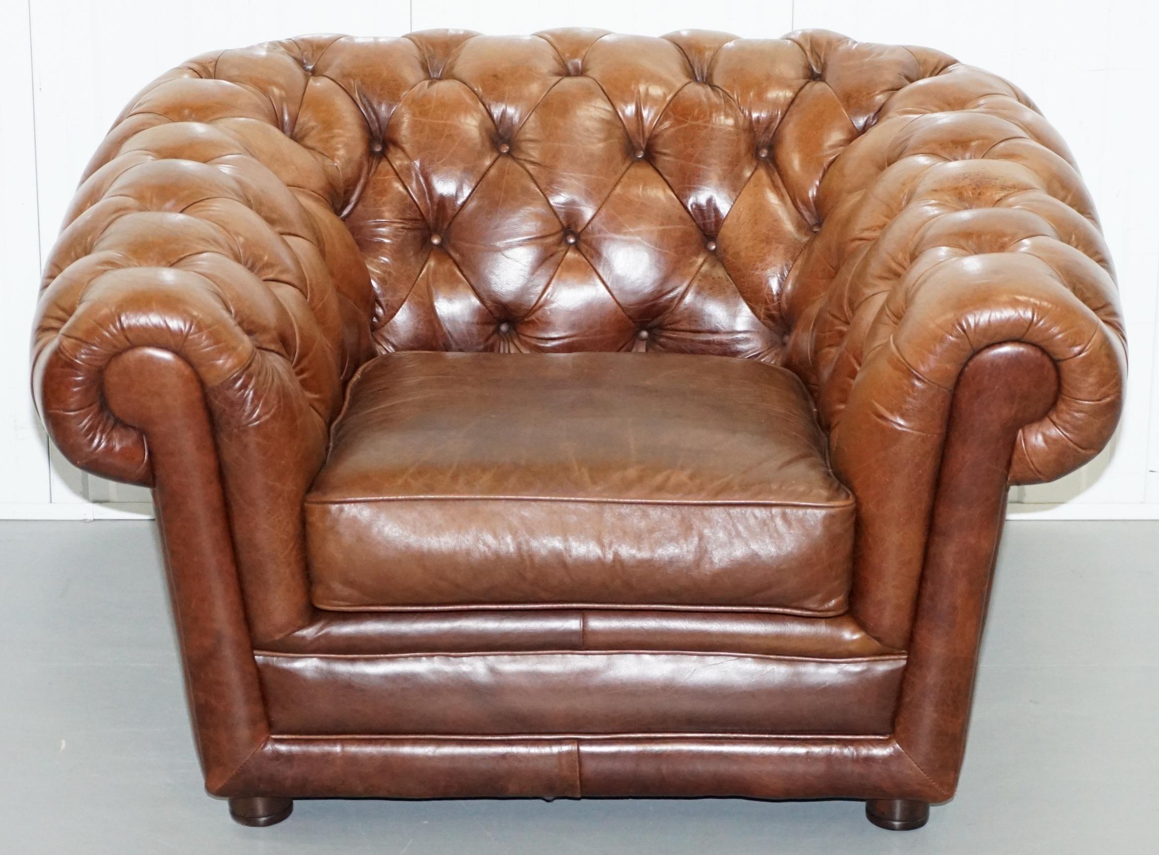 We are delighted to offer for sale this stunning aged brown heritage leather sloped arm Chesterfield club armchair

A very good looking and well made piece, the leather is what’s called Heritage hide so it has a vintage distressed finish from new,