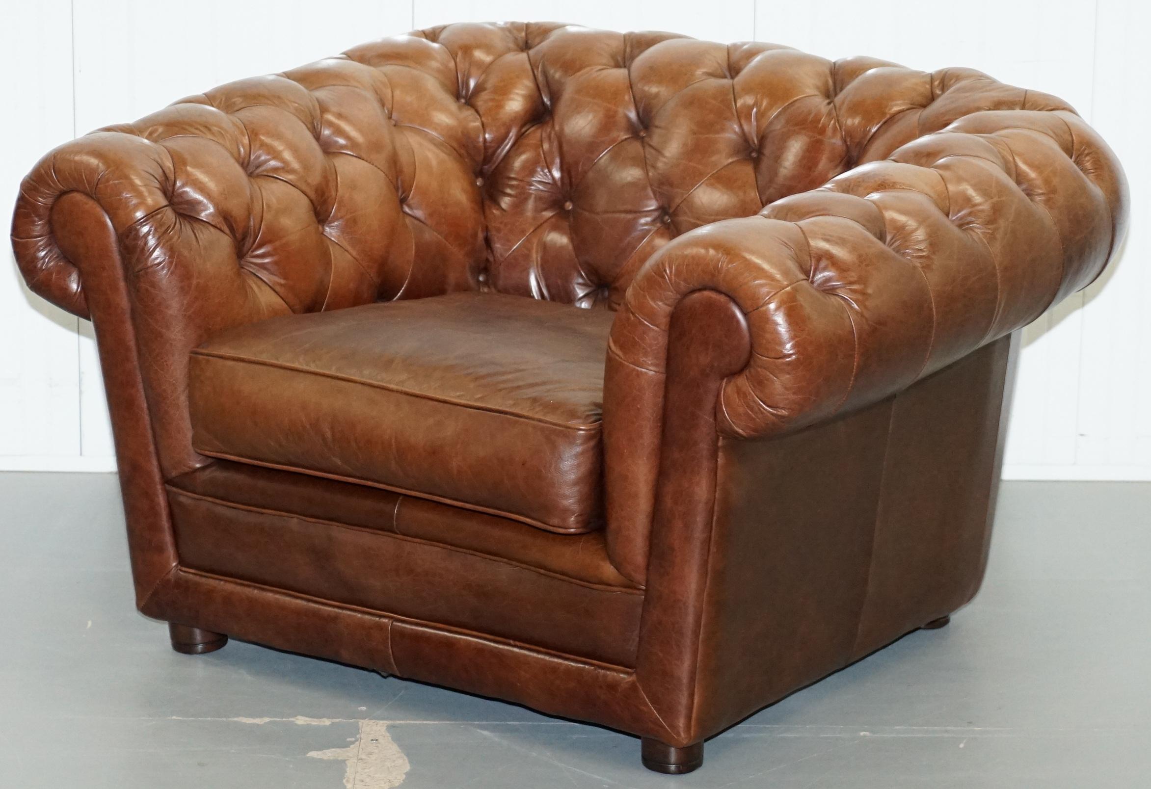 British Large Heritage Leather Sloped Arm Aged Brown Leather Chesterfield Club Armchair
