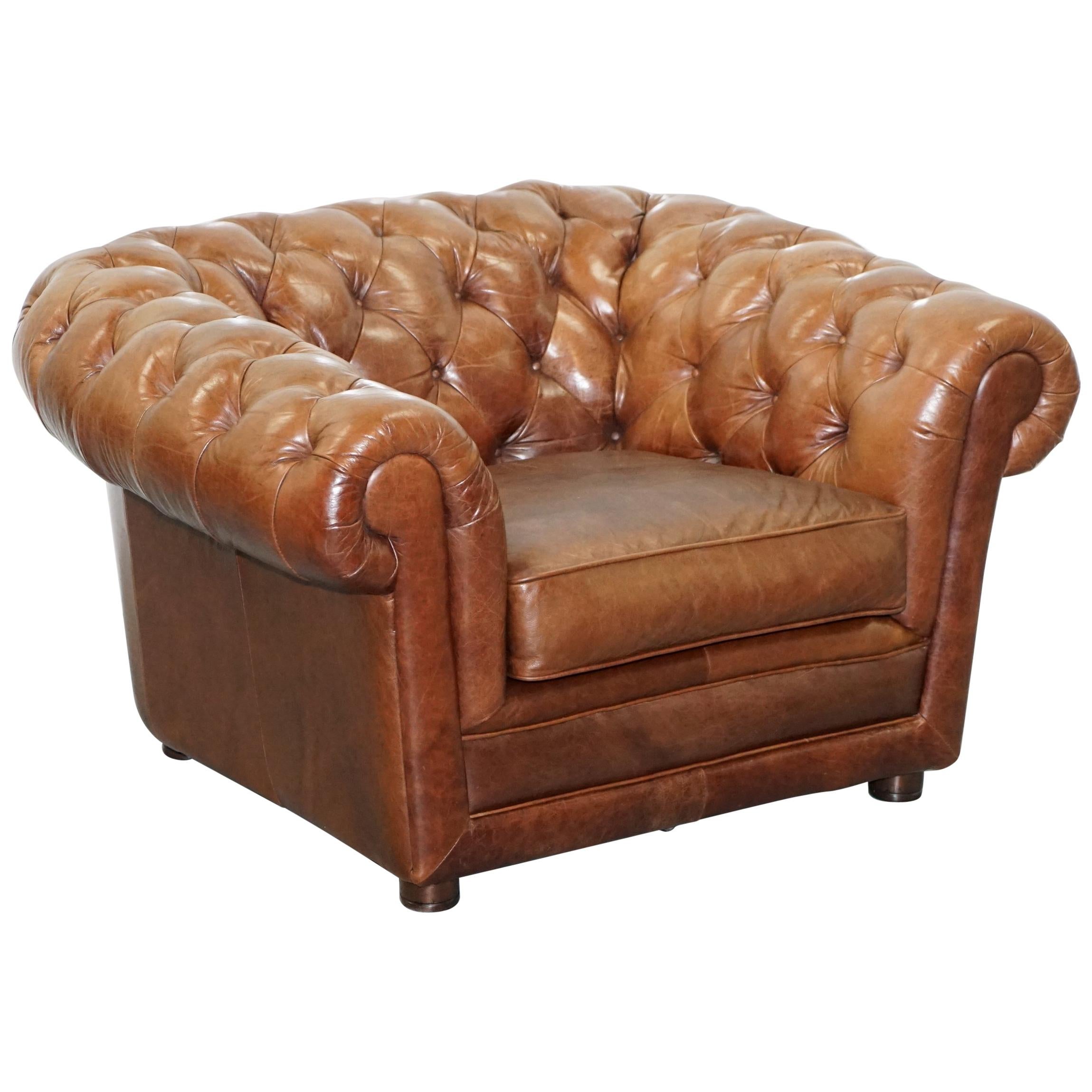 Large Heritage Leather Sloped Arm Aged Brown Leather Chesterfield Club Armchair