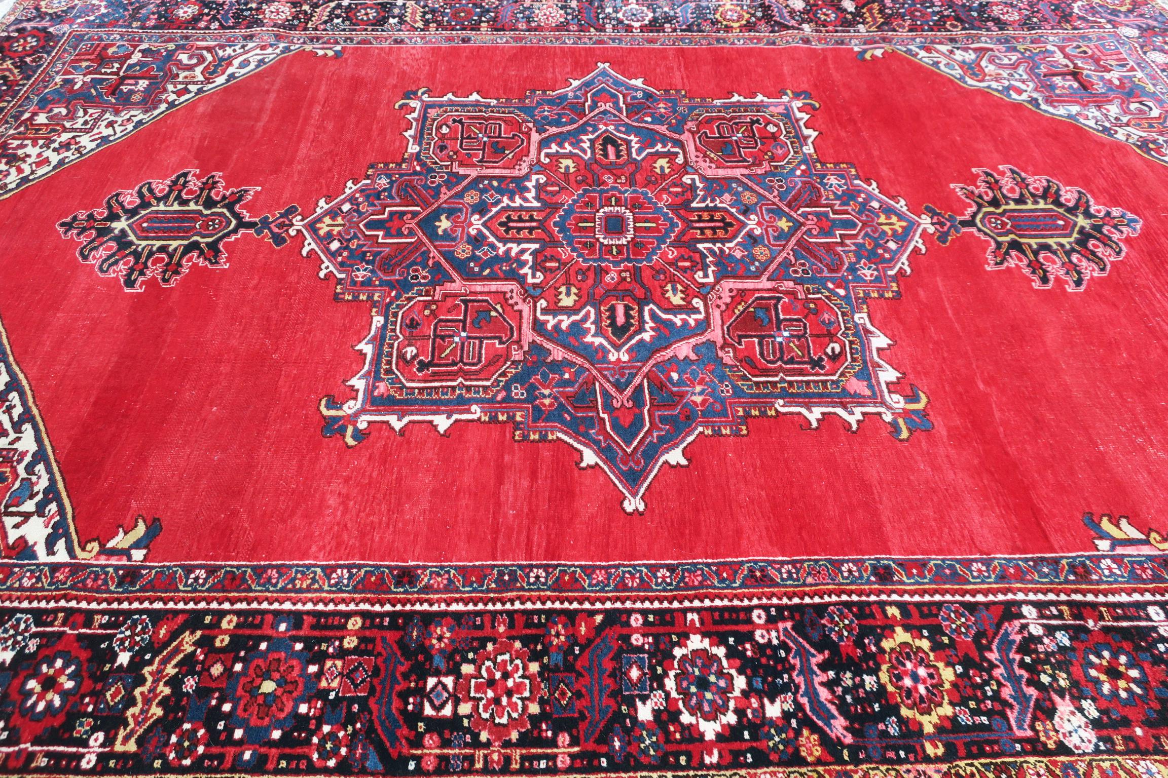 Hand-Knotted Large Heriz Carpet Unusual Shaded Rich Red Plain Background