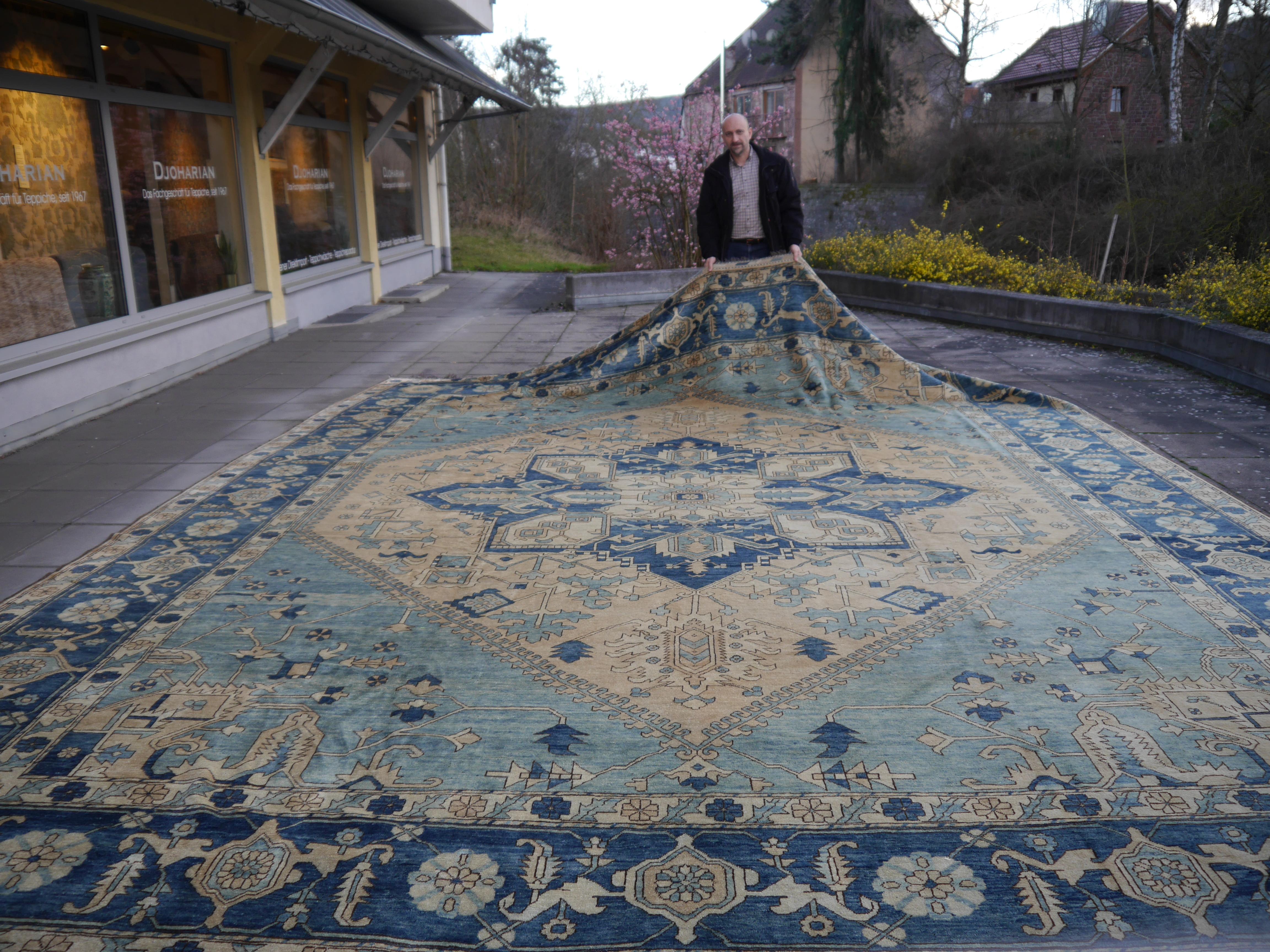 Large Heriz Style Rug Oversized Hand Knotted Blue Beige 5