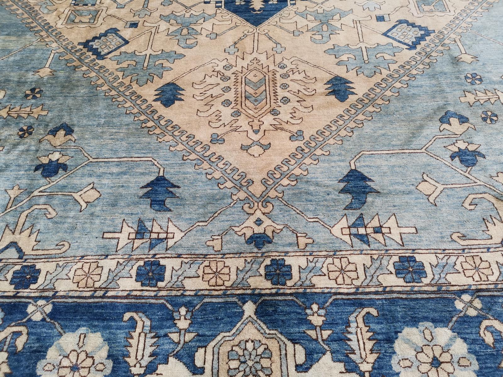Afghan Large Heriz Style Rug Oversized Hand Knotted Blue Beige