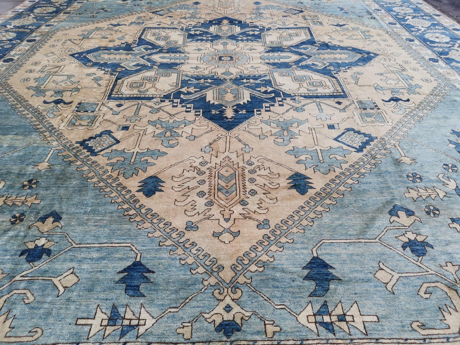 Hand-Knotted Large Heriz Style Rug Oversized Hand Knotted Blue Beige