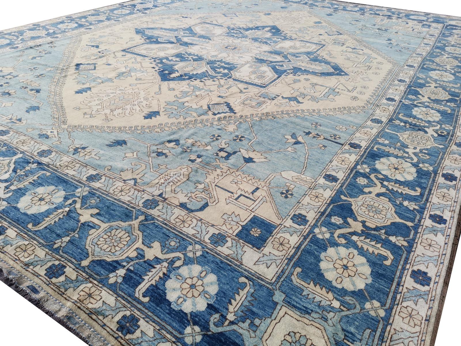 Wool Large Heriz Style Rug Oversized Hand Knotted Blue Beige