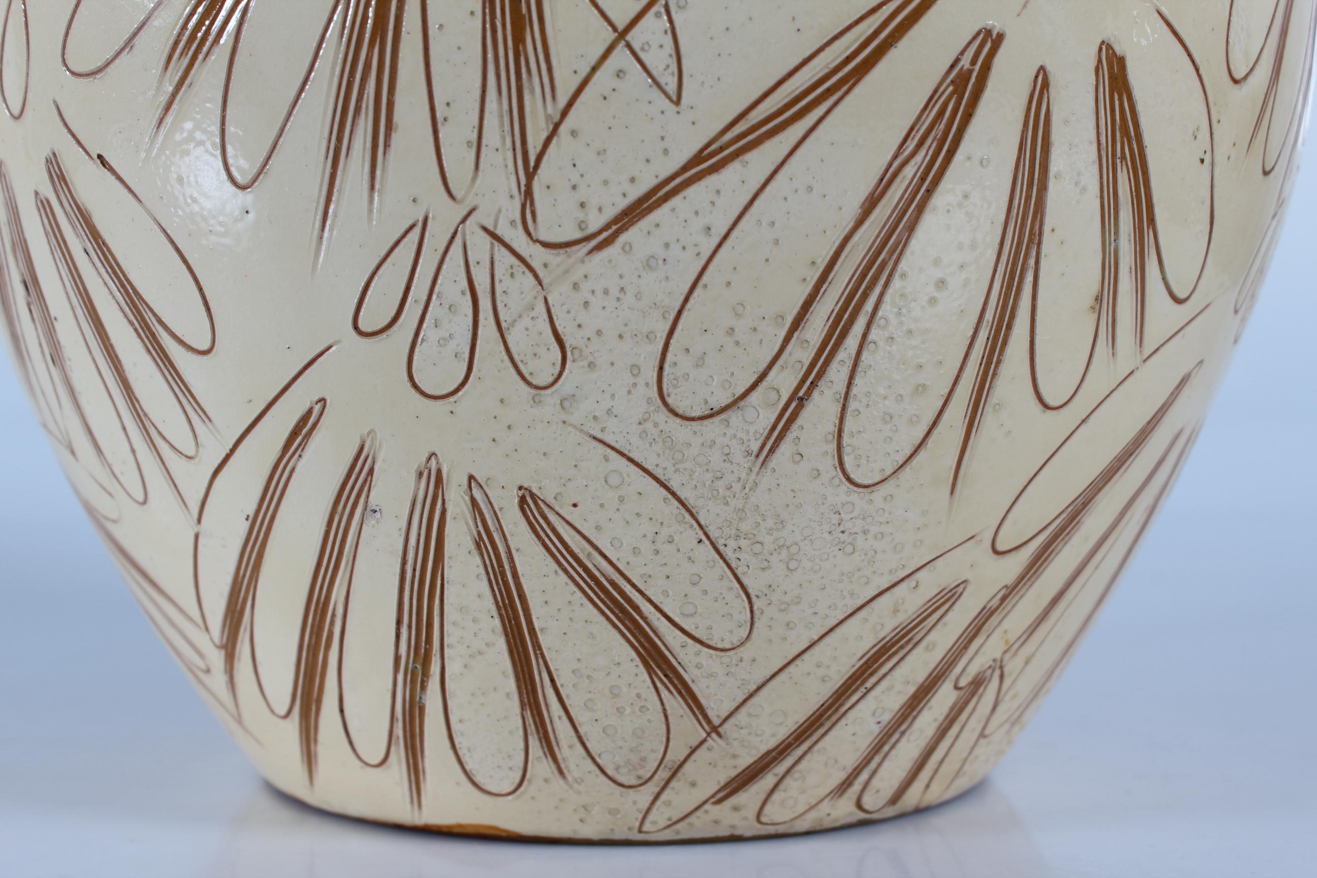 Mid-Century Modern Large Herman A Kähler Sgraffito Floor Vase with Cream Yellow Glaze 1940-50s For Sale