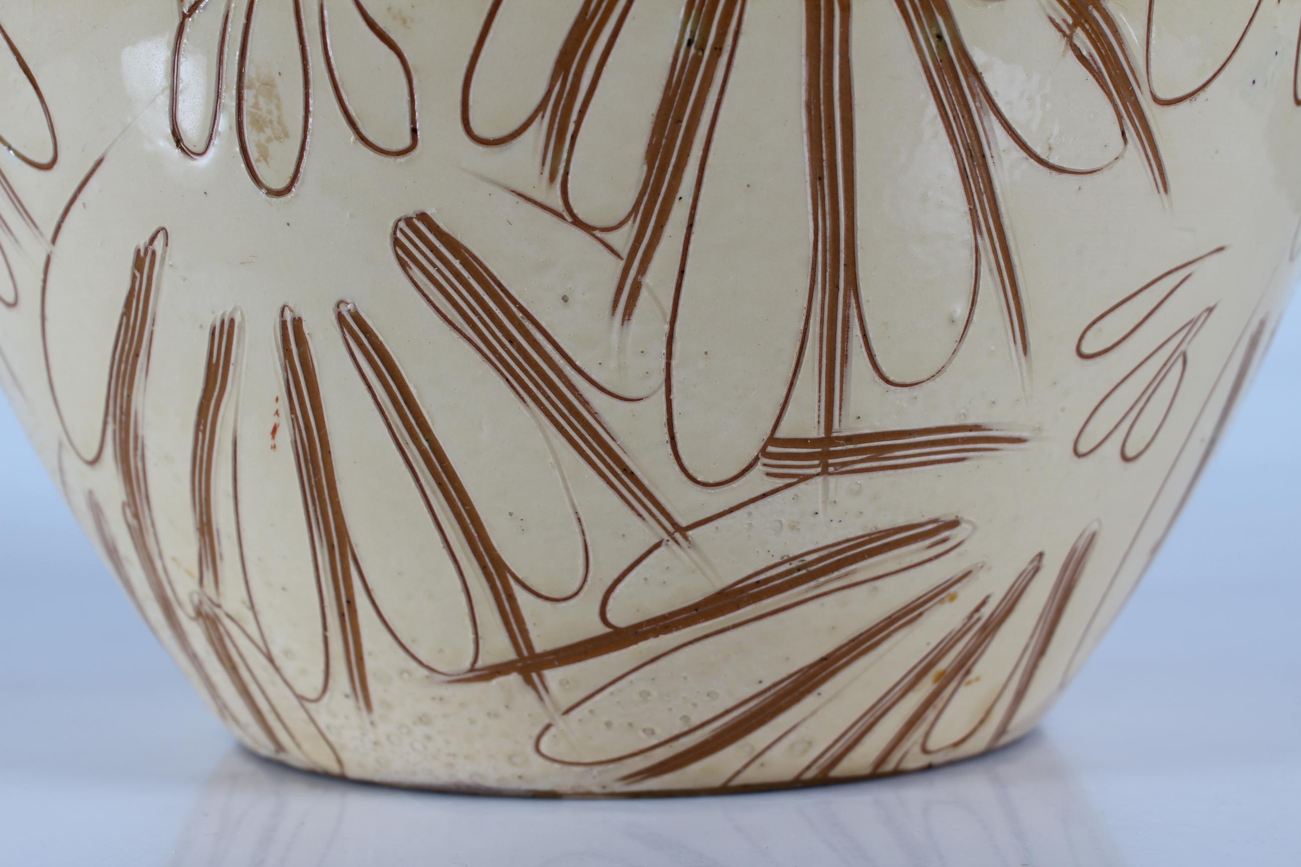 Glazed Large Herman A Kähler Sgraffito Floor Vase with Cream Yellow Glaze 1940-50s For Sale