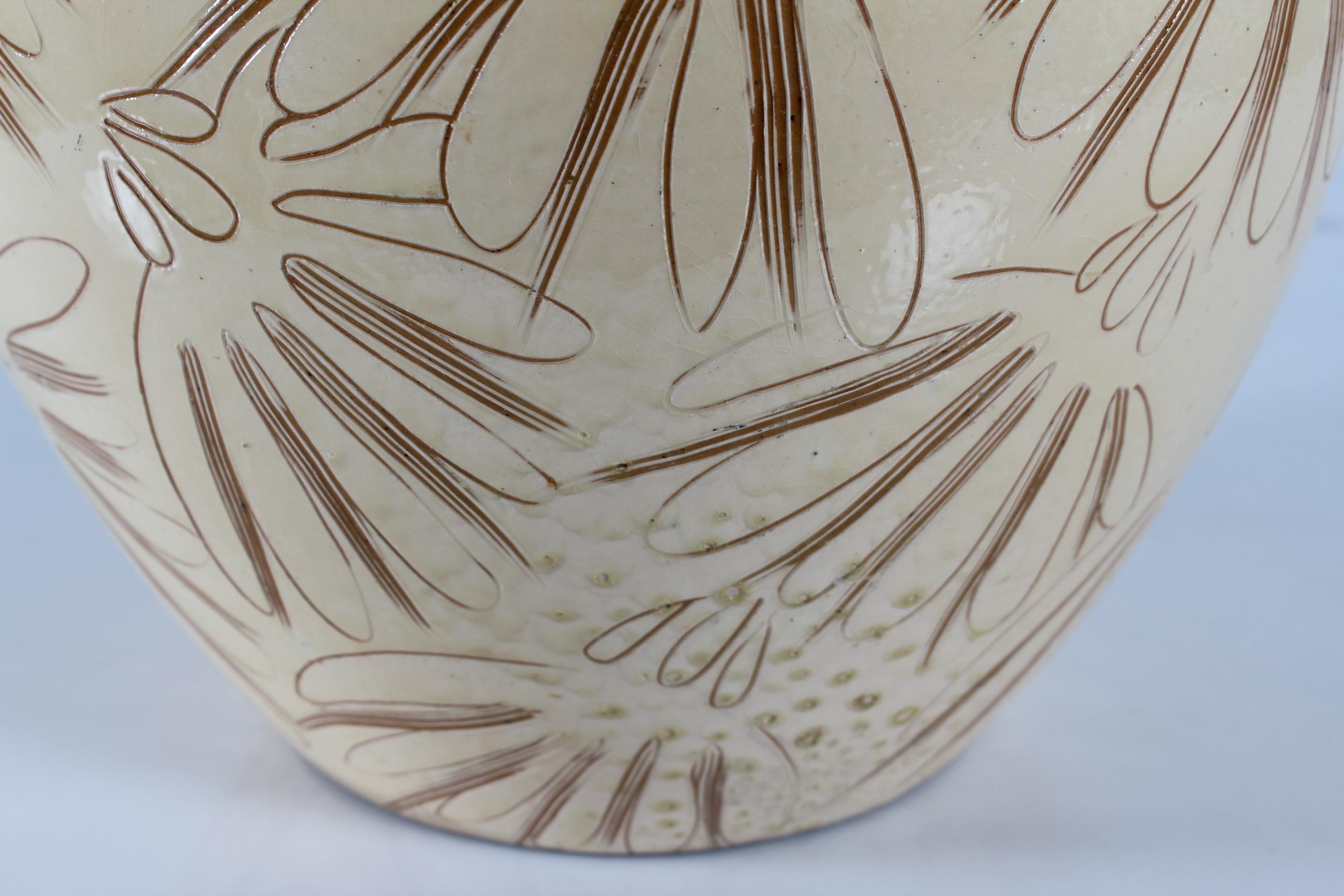 Ceramic Large Herman A Kähler Sgraffito Floor Vase with Cream Yellow Glaze 1940-50s For Sale