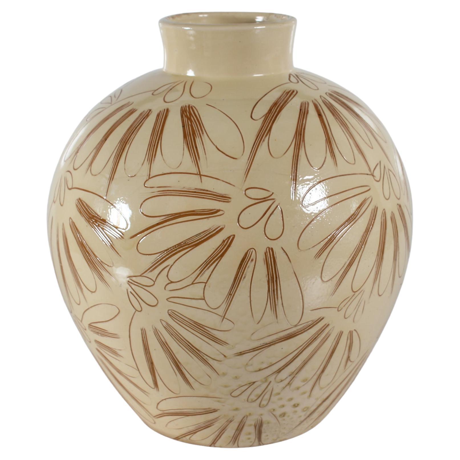 Large Herman A Kähler Sgraffito Floor Vase with Cream Yellow Glaze 1940-50s For Sale