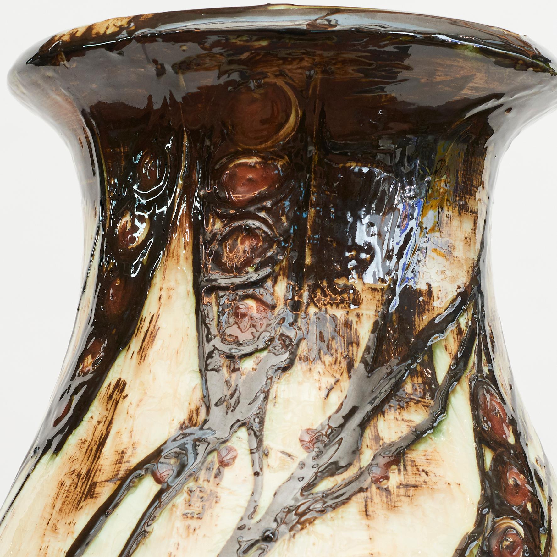 A large unique ceramic vase with an abstract motif, by Danish ceramic studio Herman August Kähler. Beautiful pattern in white and brown colors.
The vase is signed with 'HAK' underneath.