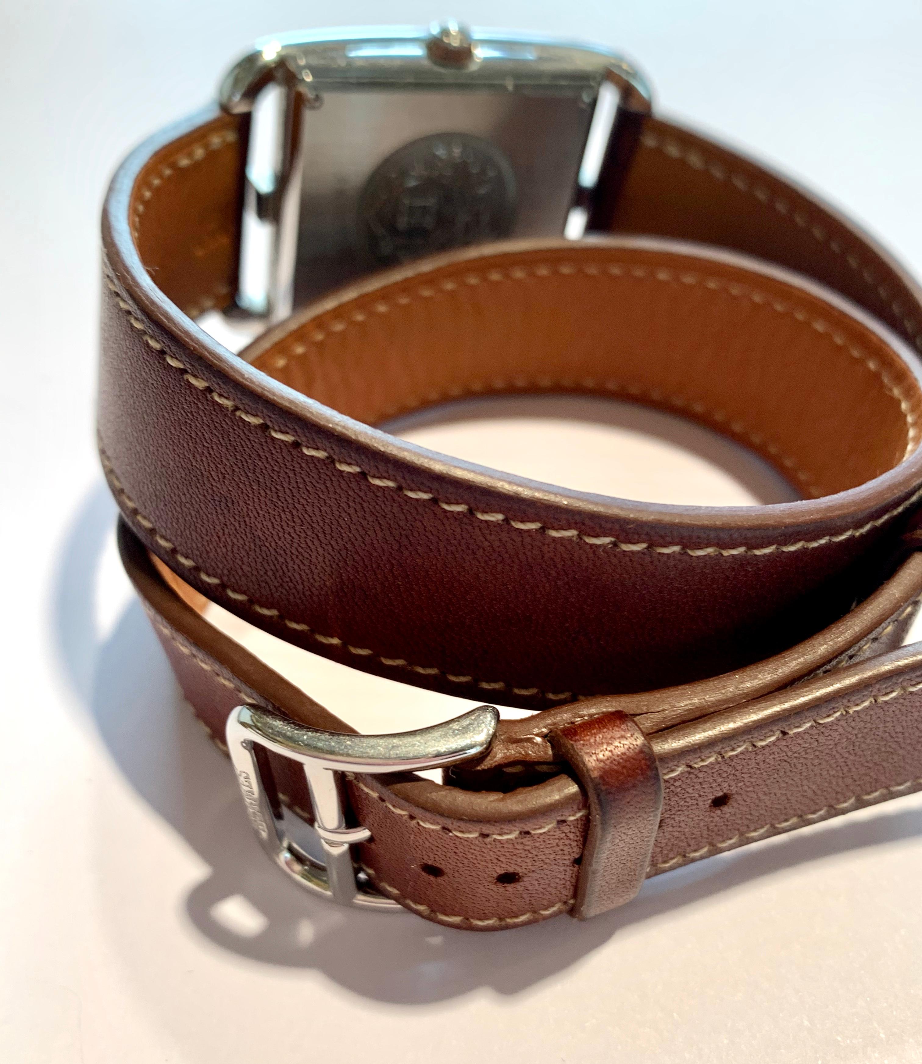 Women's or Men's Large Hermes “Cape Cod” Stainless Steel Barenia Leather Bracelet Wristwatch
