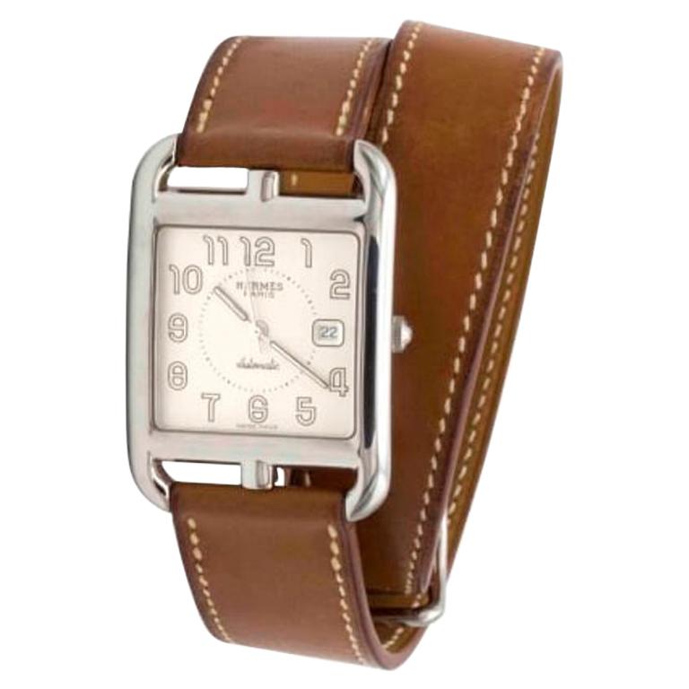 Large Hermes “Cape Cod” Stainless Steel Barenia Leather Bracelet Wristwatch
