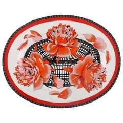 Large Hermes Porcelain Serving Dish Decorated with Red Flowers, 1980s