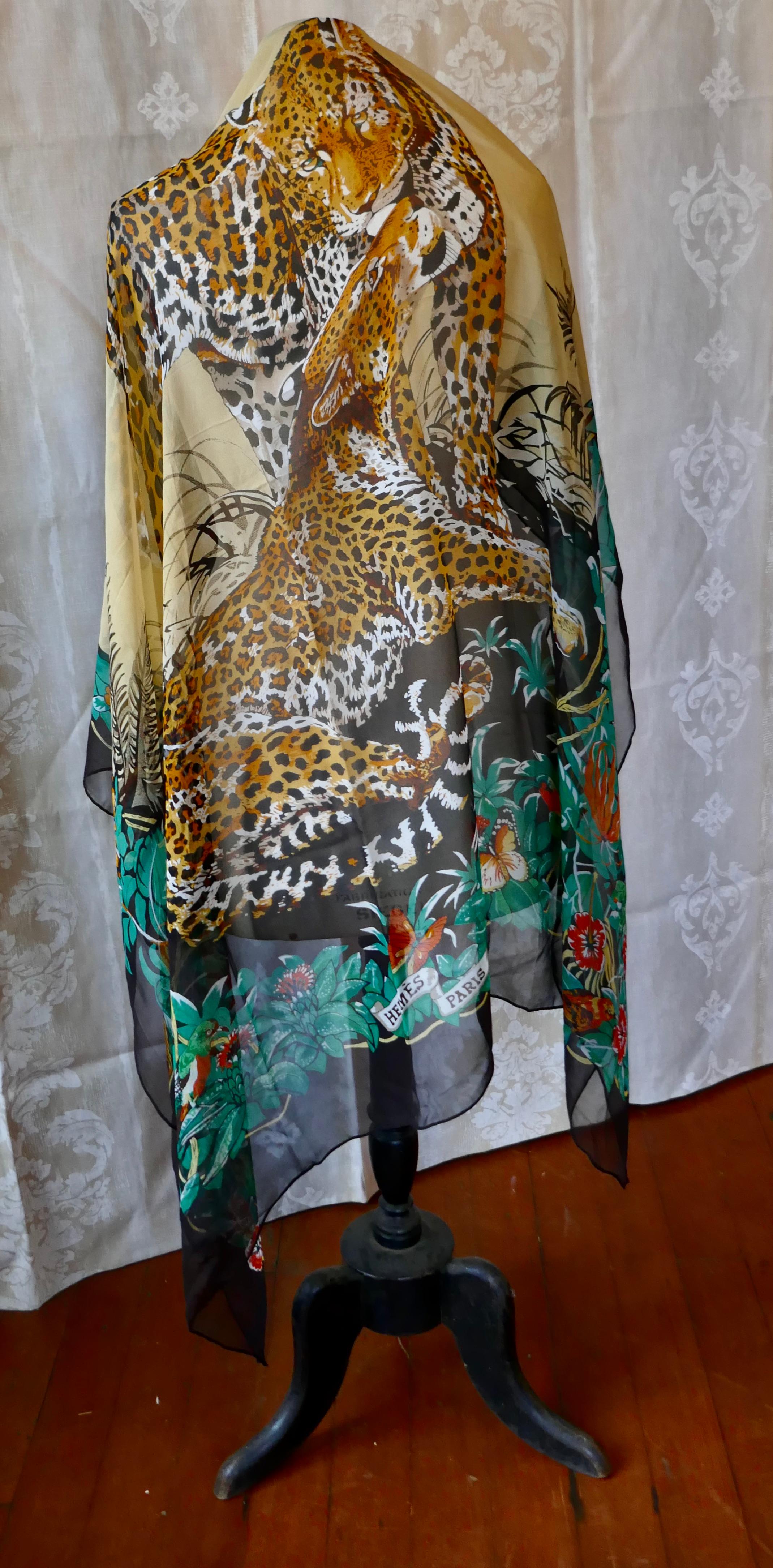 Large Hermes Silk Chiffon Shawl “Jungle Love” Design by Robert Dallet 3