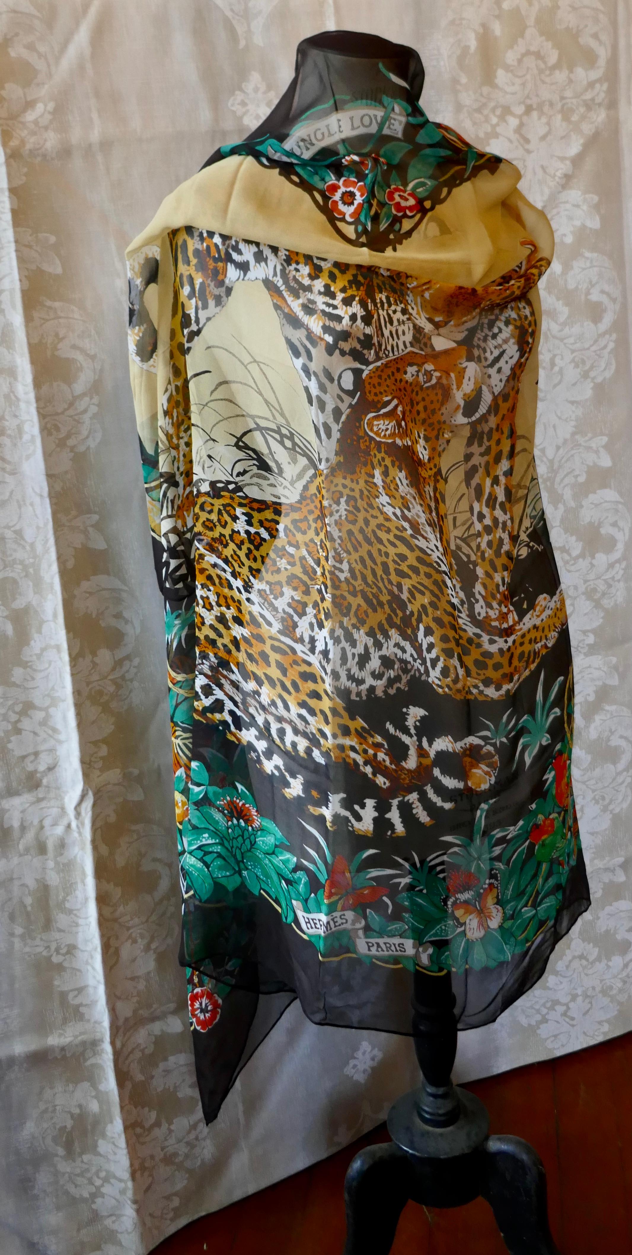 Large Hermes Silk Chiffon Shawl “Jungle Love” Design by Robert Dallet 5