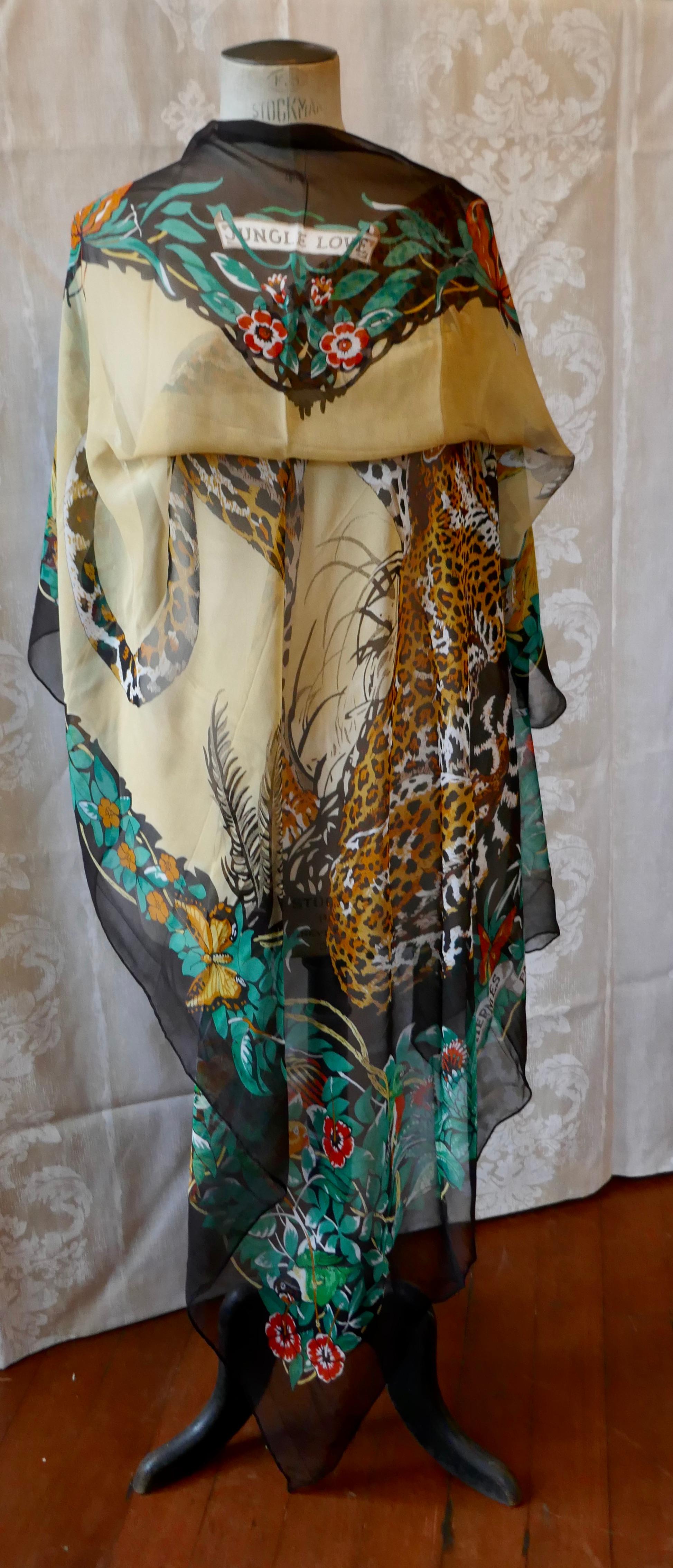 Large Hermes Silk Chiffon Shawl “Jungle Love” Design by Robert Dallet 6