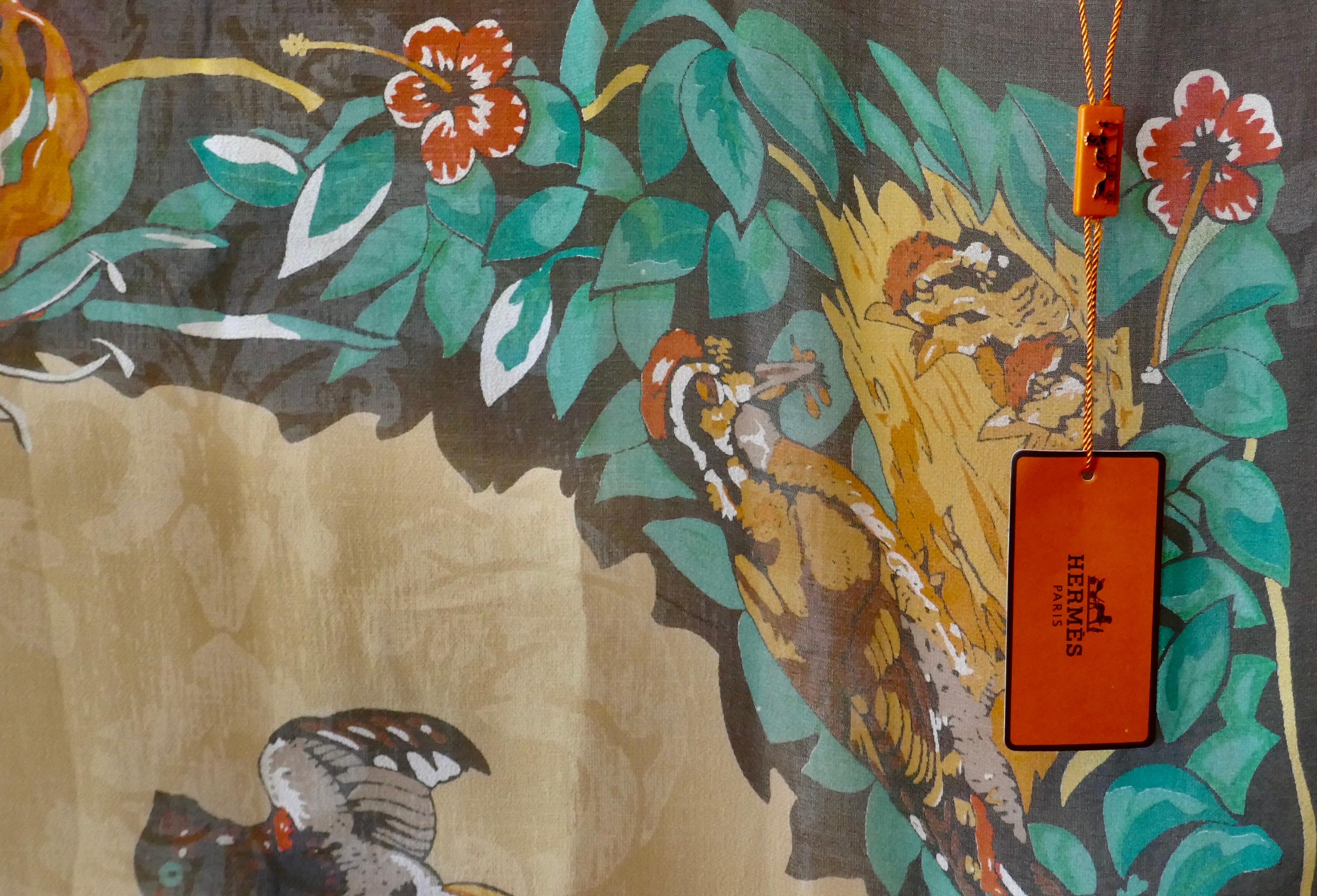 Large Hermes Silk Chiffon Shawl “Jungle Love” Design by Robert Dallet In Good Condition In Chillerton, Isle of Wight