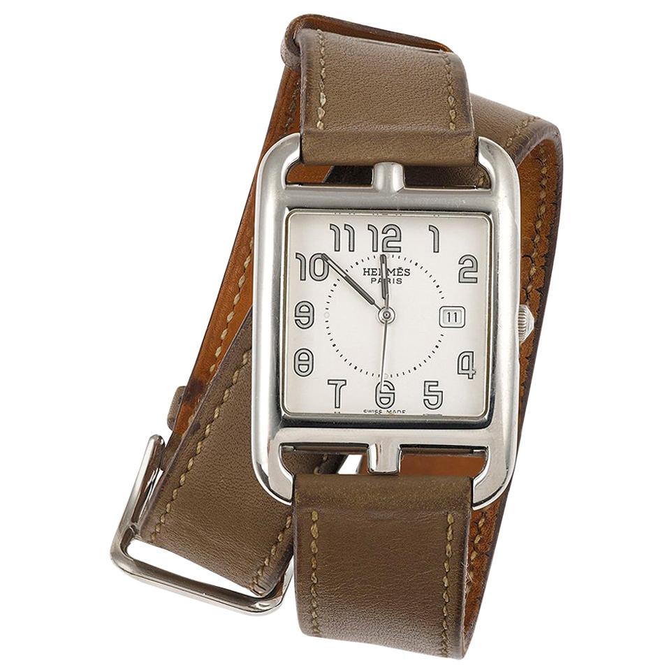 Large Hermes Stainless Steel Cape Cod Taupe Double Strap Watch