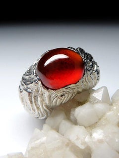 Large Hessonite Garnet Silver Ring Cabochon Gift Red Color Natural Indian Gem