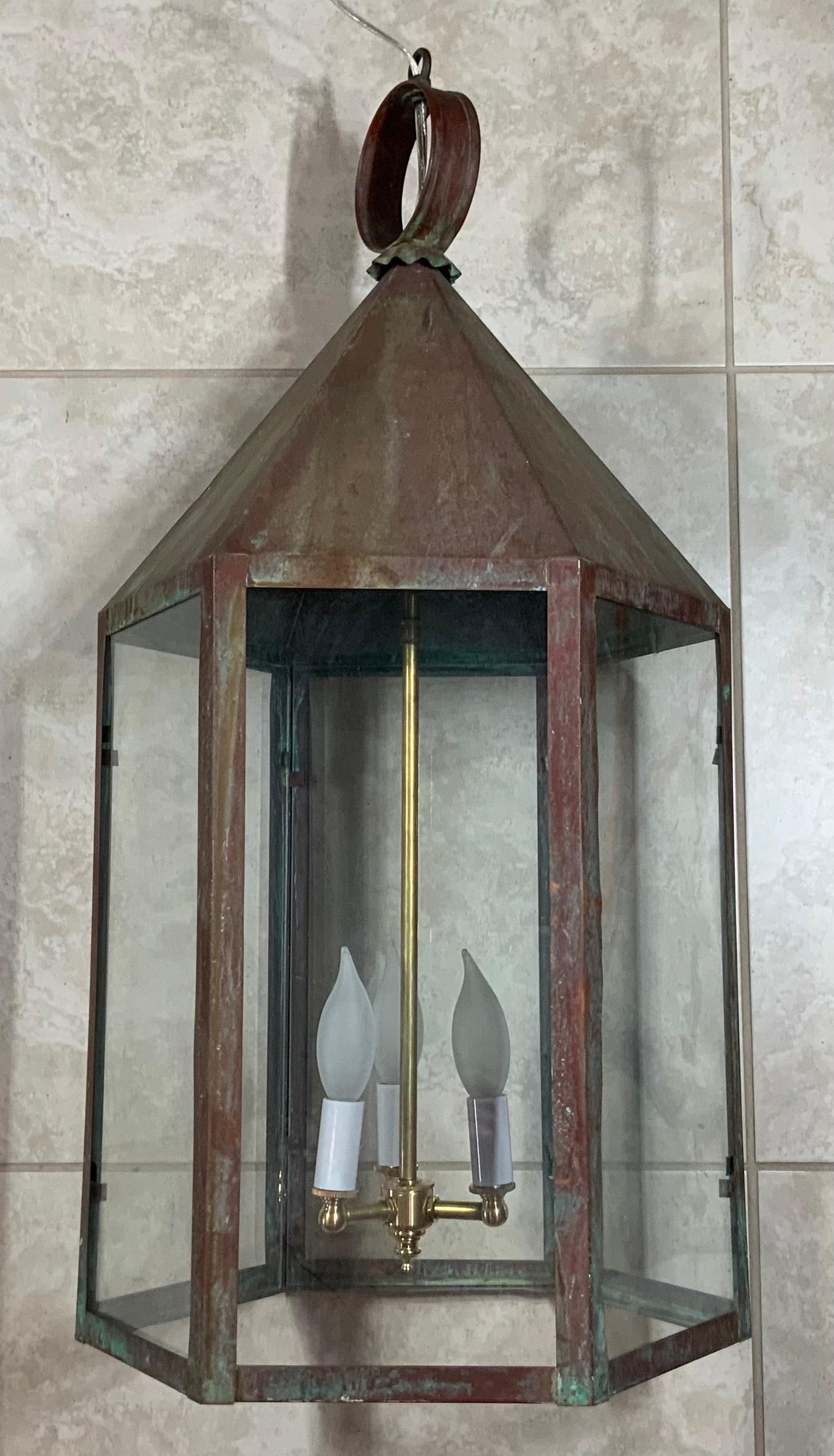 Large Hexagon Copper Lantern In Good Condition For Sale In Delray Beach, FL