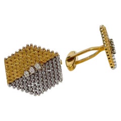 Grands boutons de manchette hexagonaux avec diamants en or blanc et jaune 14K bicolore
