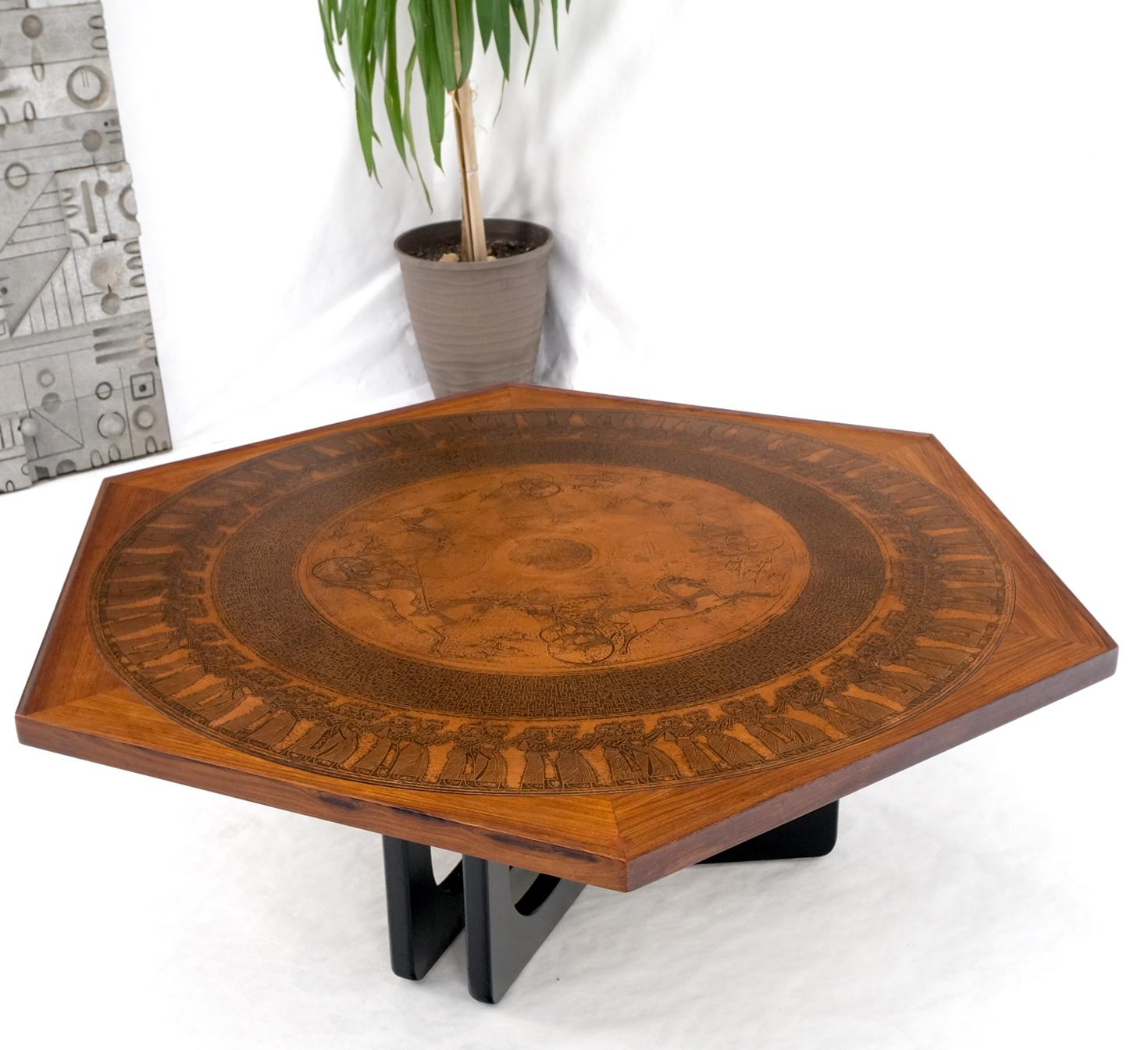 Large Hexagon Walnut & Egyptian Motif Copper Minting Top Coffee Table Ebonized For Sale 3